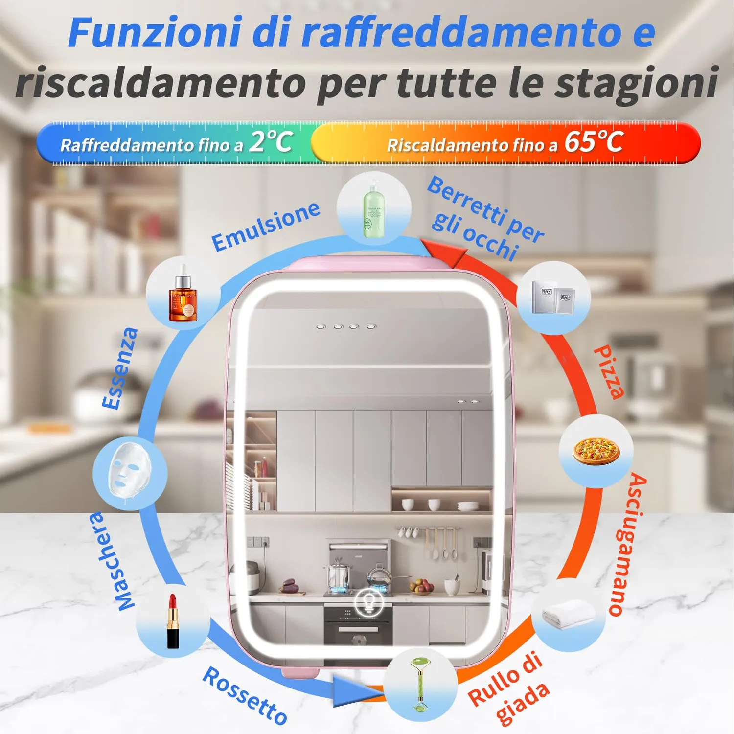 YASHE Mini Frigo 4L Rosa Specchio LED Freddo Caldo
