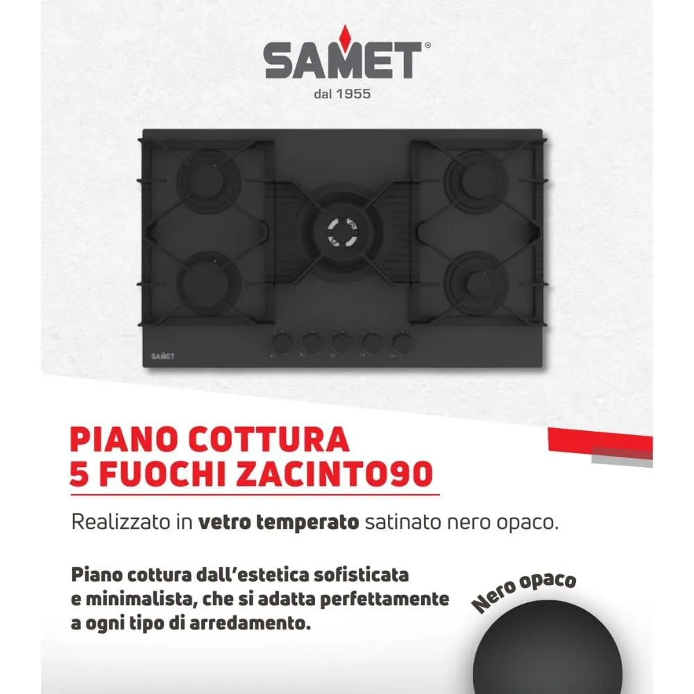 Samet Zacinto90 piano cottura gas 5 fuochi 90 cm vetro nero
