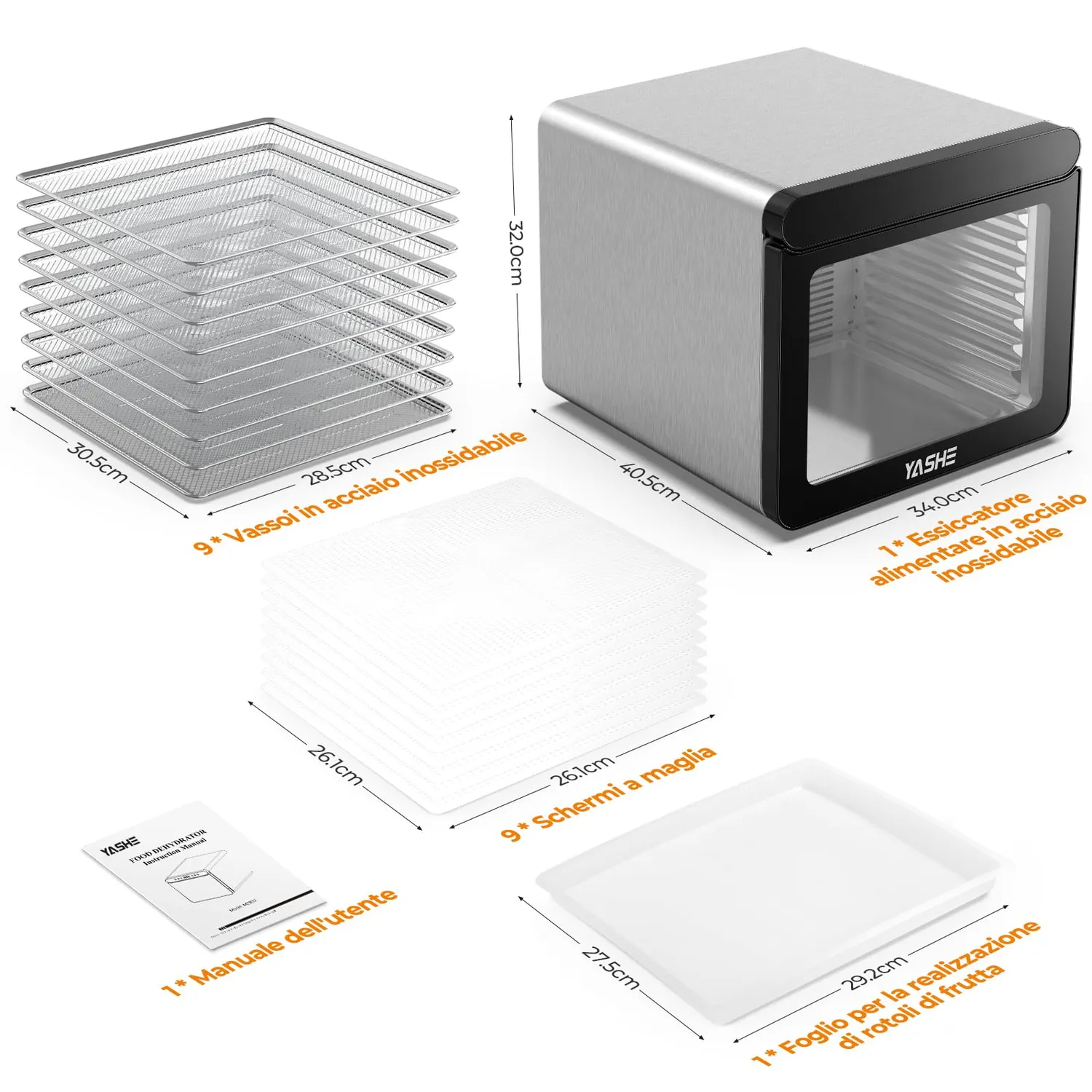 Yashe essiccatore alimentare 800W 9 vassoi inox 75°C