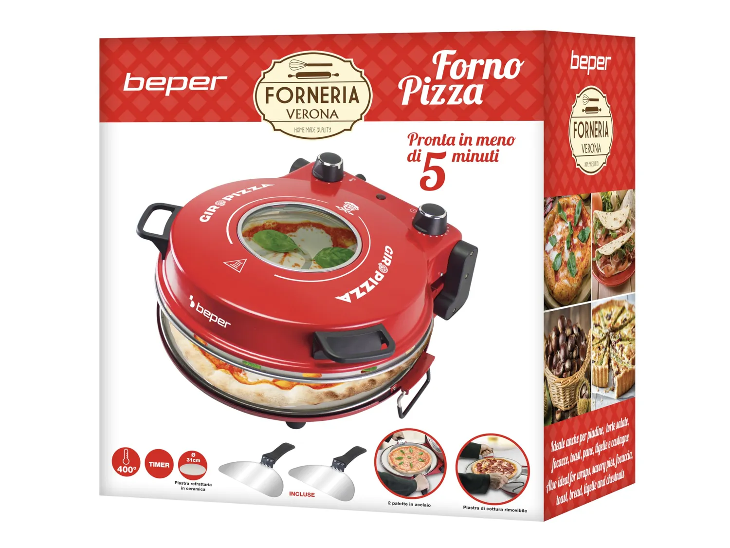 Beper P101CUD301 Forno Pizza 400°C Piastra 31 cm Rosso