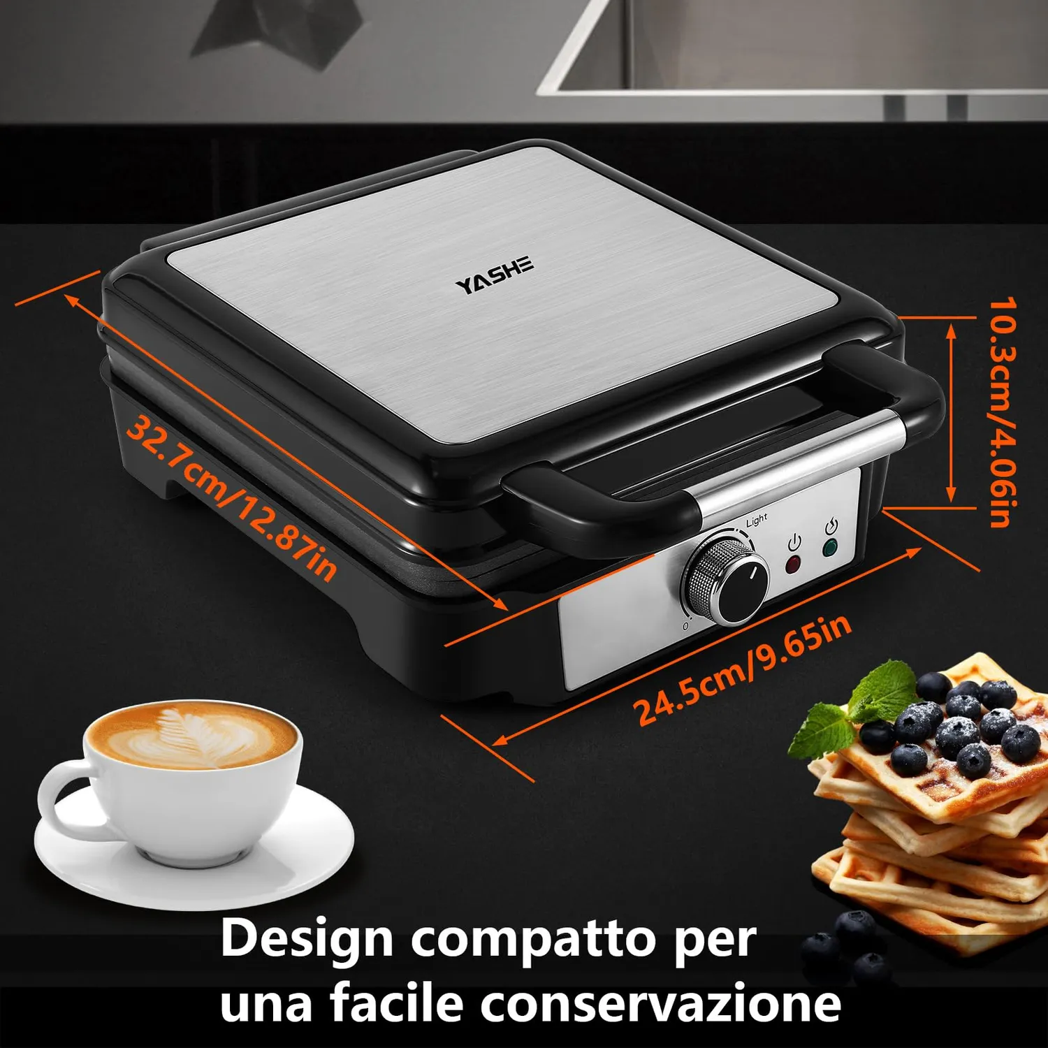 Yashe Piastra Waffle 4 Fette Medium 1200W Antiaderente