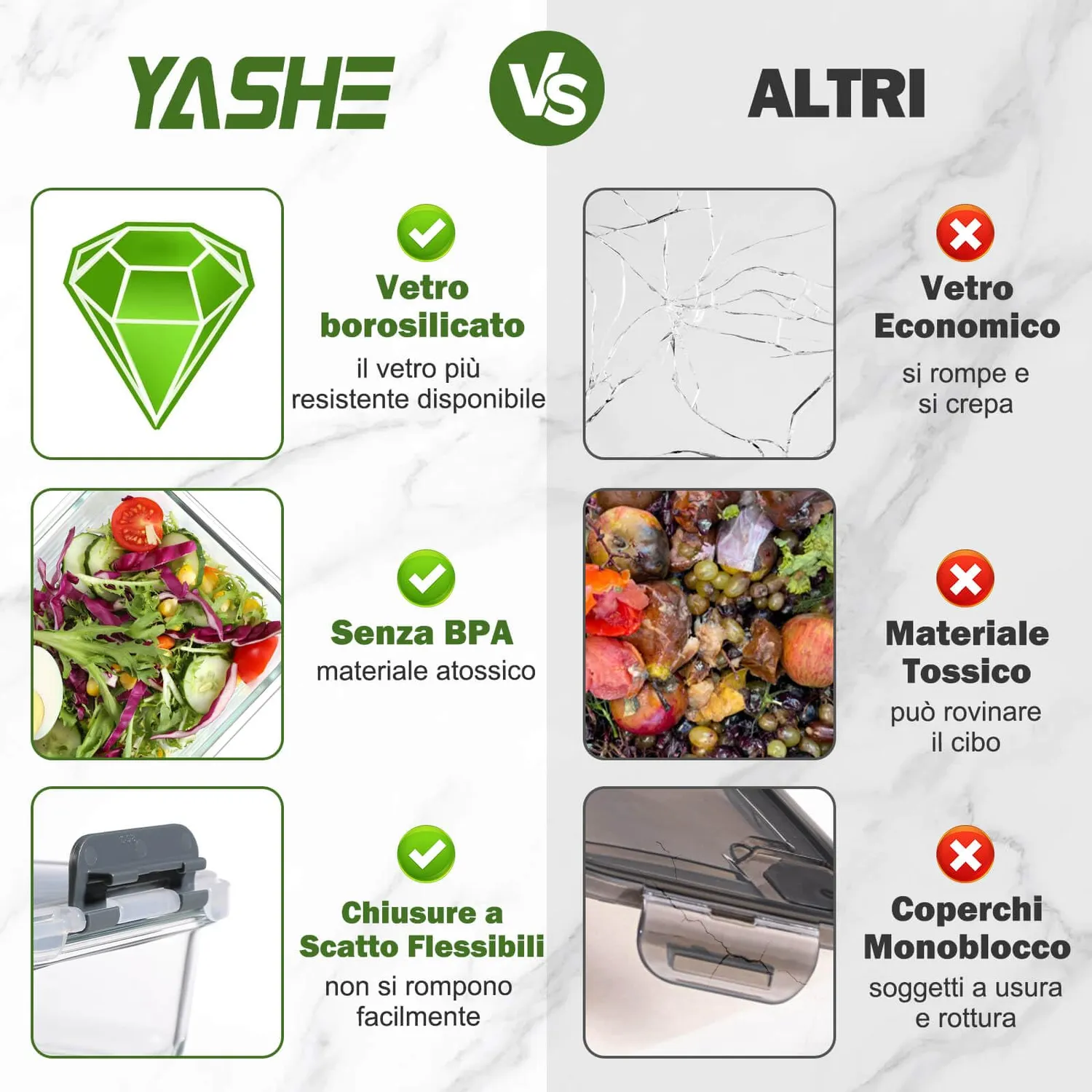 Yashe Set 12 Contenitori Vetro Alimenti Grigio Ermetici