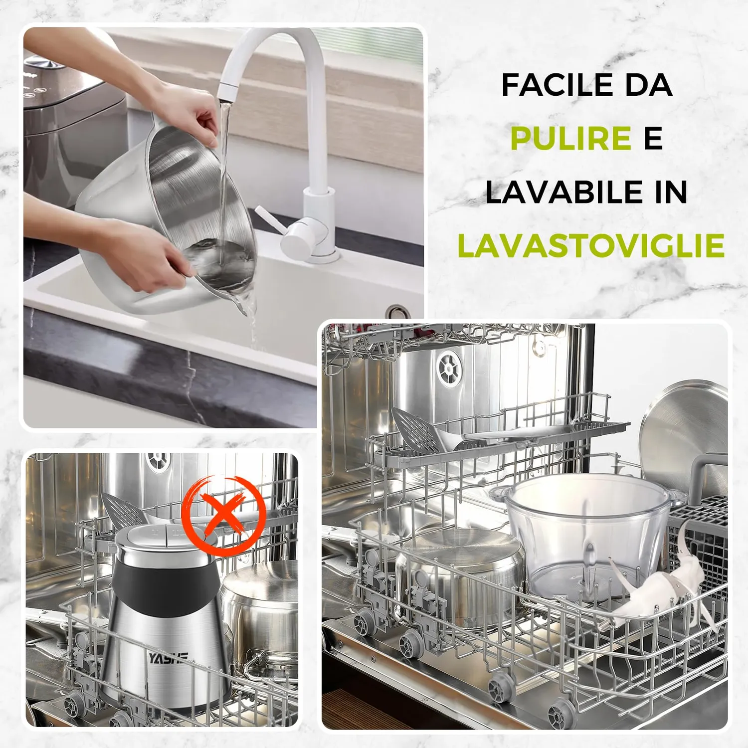 Yashe tritatutto elettrico 500W 2 ciotole 2L+2L vetro argento