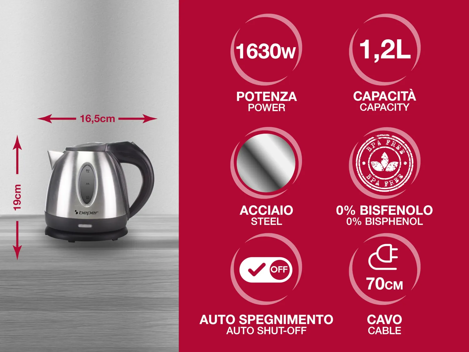 Beper P101BOL001 bollitore elettrico 1,2 L acciaio senza fili
