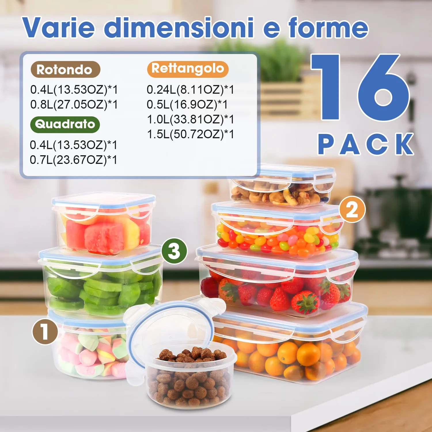 Yashe Contenitori Ermetici Alimenti Set 16 Pezzi Mist Formati