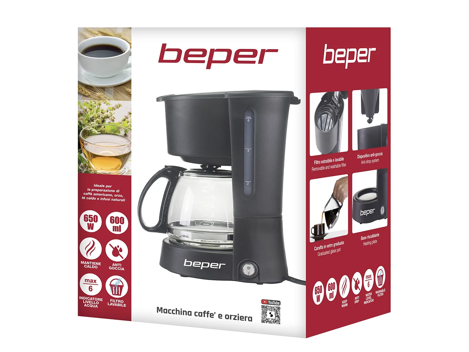 Beper BC.060 Macchina Caffè Americano 600 ml Nero 4 Tazze