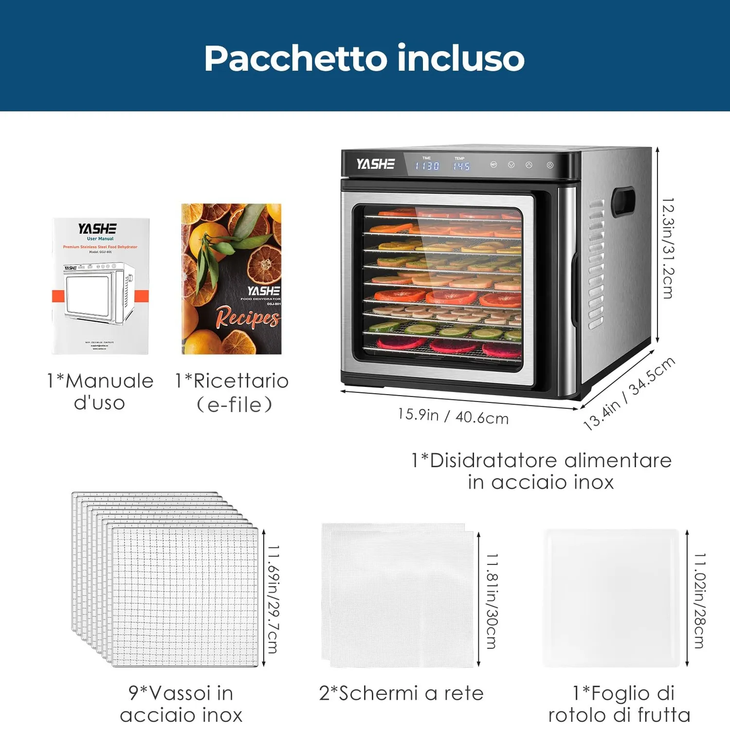 YASHE essiccatore alimentare 9 vassoi inox 1000W