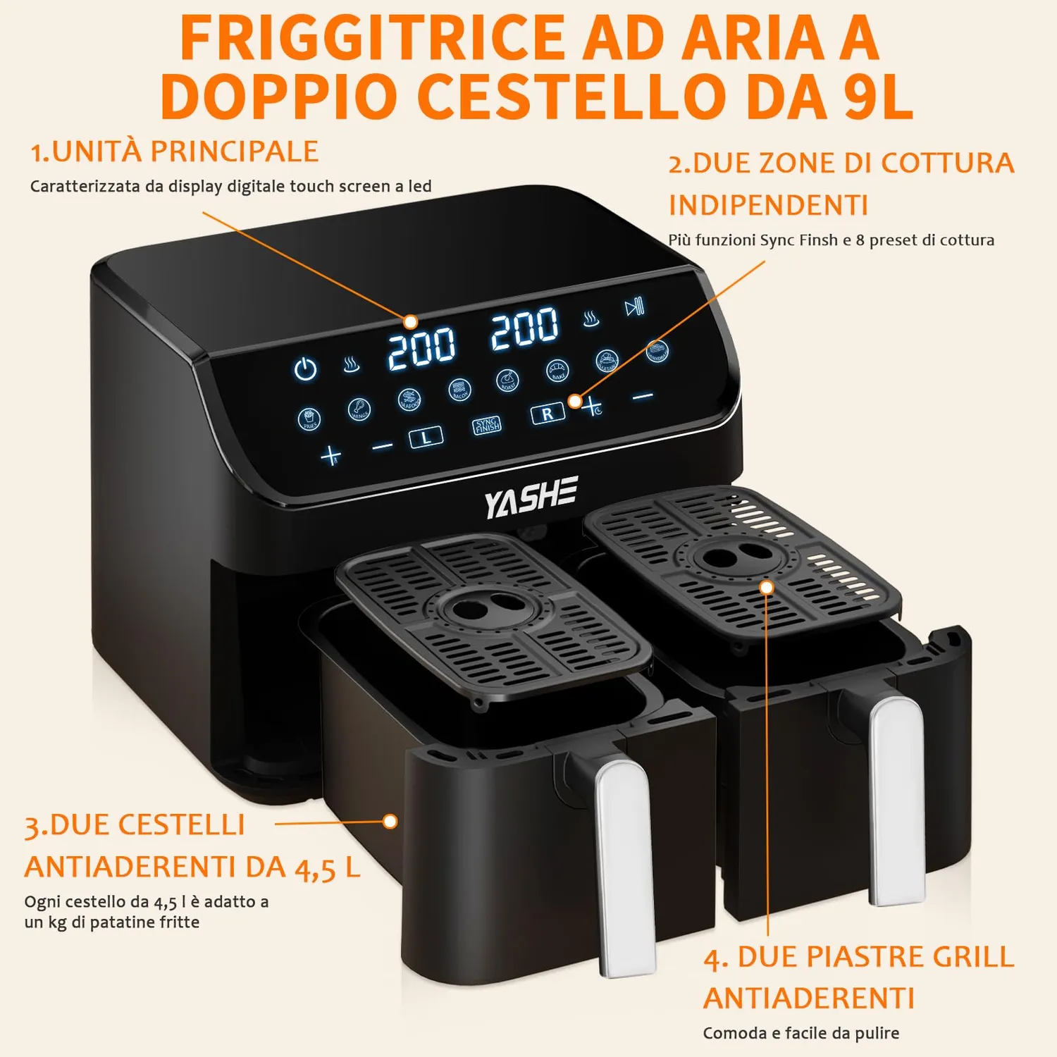 YASHE Friggitrice ad Aria Doppio Cestello 9L 8 programmi