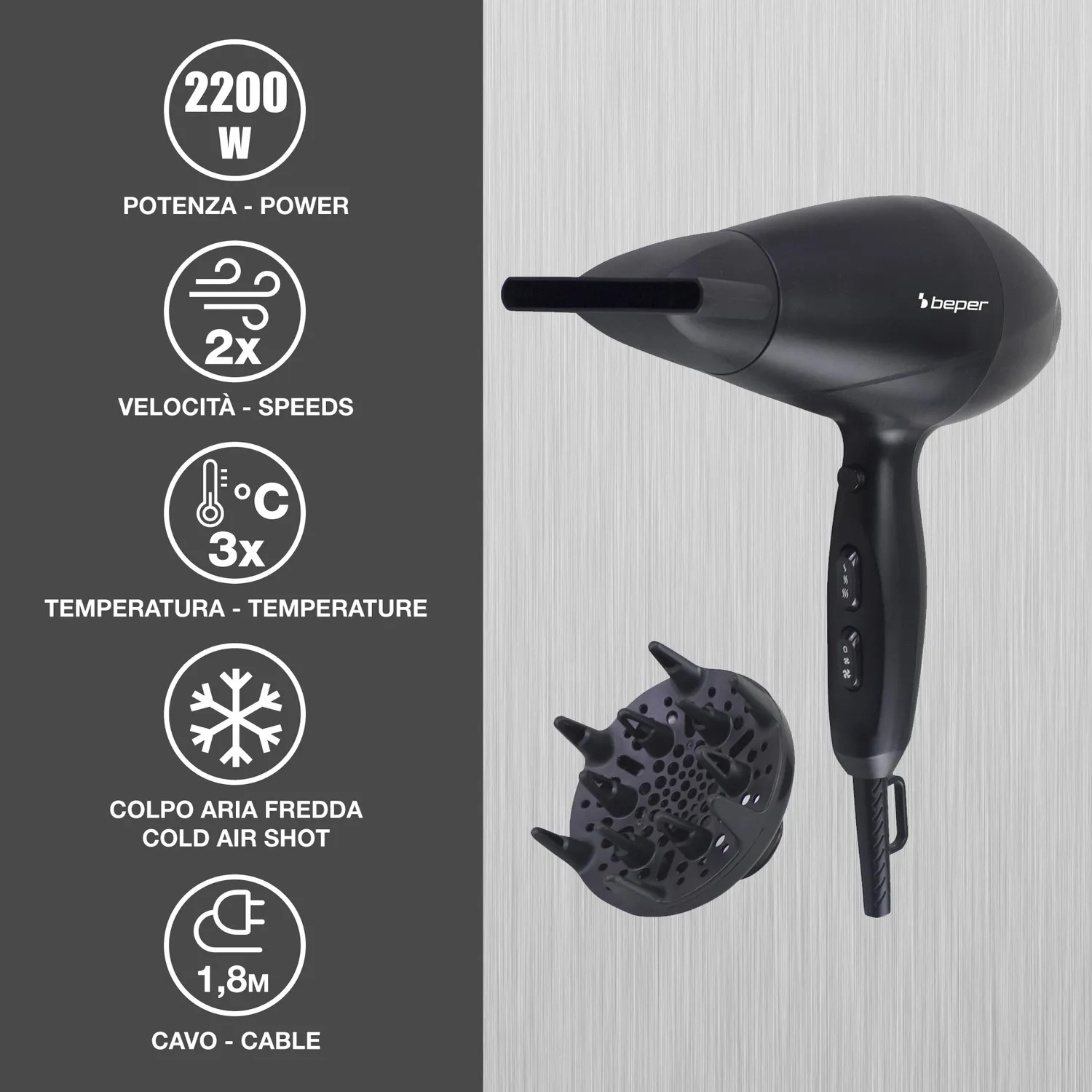 Beper Airon P301ASC020 asciugacapelli 2200W diffusore