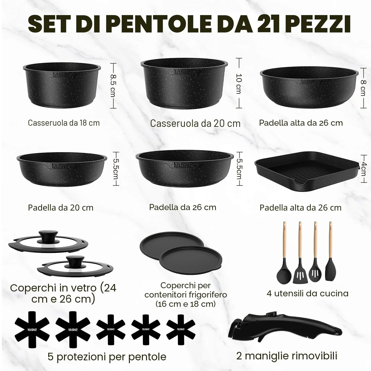 Yashe batteria pentole induzione 21 pezzi antiaderente