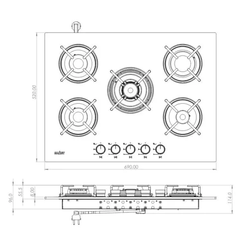 Samet Minerva70 piano cottura vetro gas 5 fuochi nero