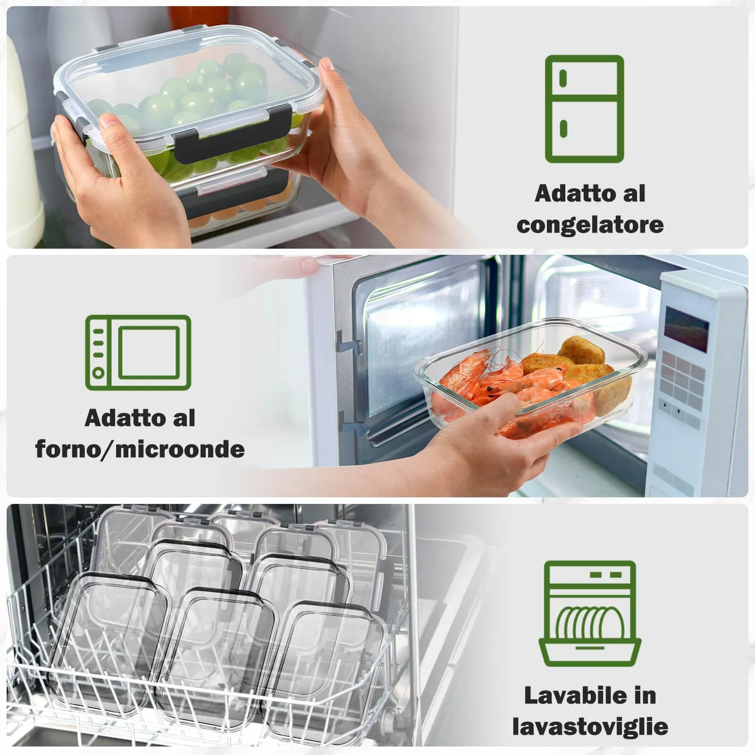 Yashe Set 12 Contenitori Vetro Alimenti Grigio Ermetici