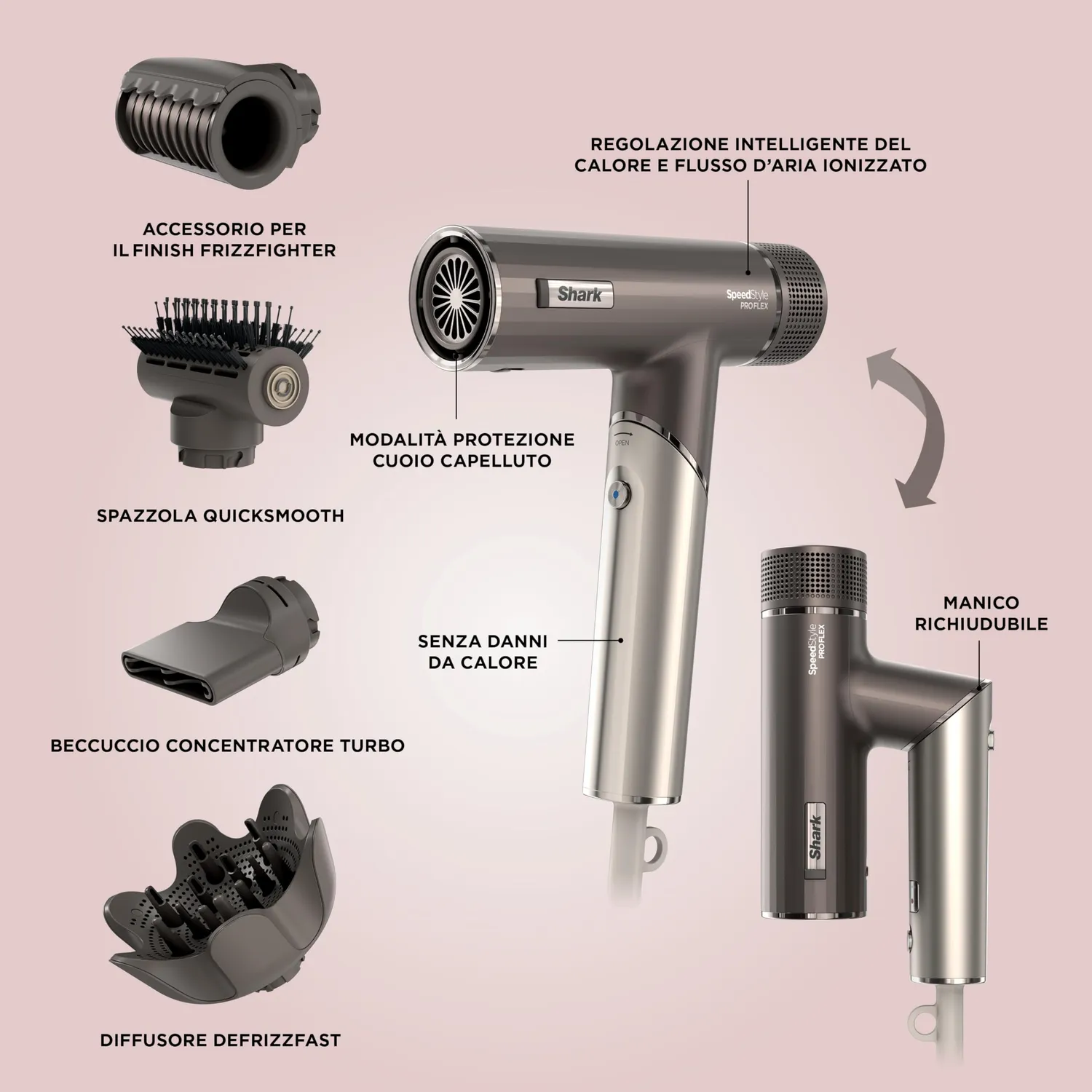 Shark SpeedStyle Pro Flex phon pieghevole 4 accessori argento