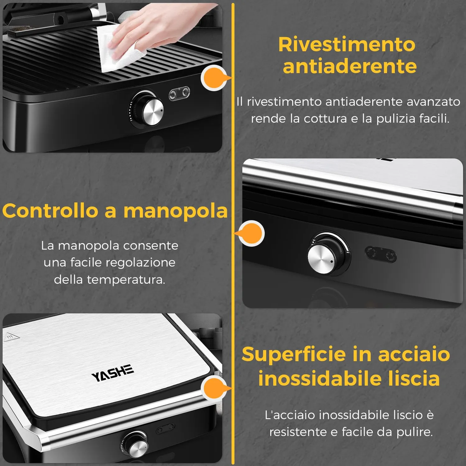 YASHE piastra panini 2000W 4 fette apribile 180°
