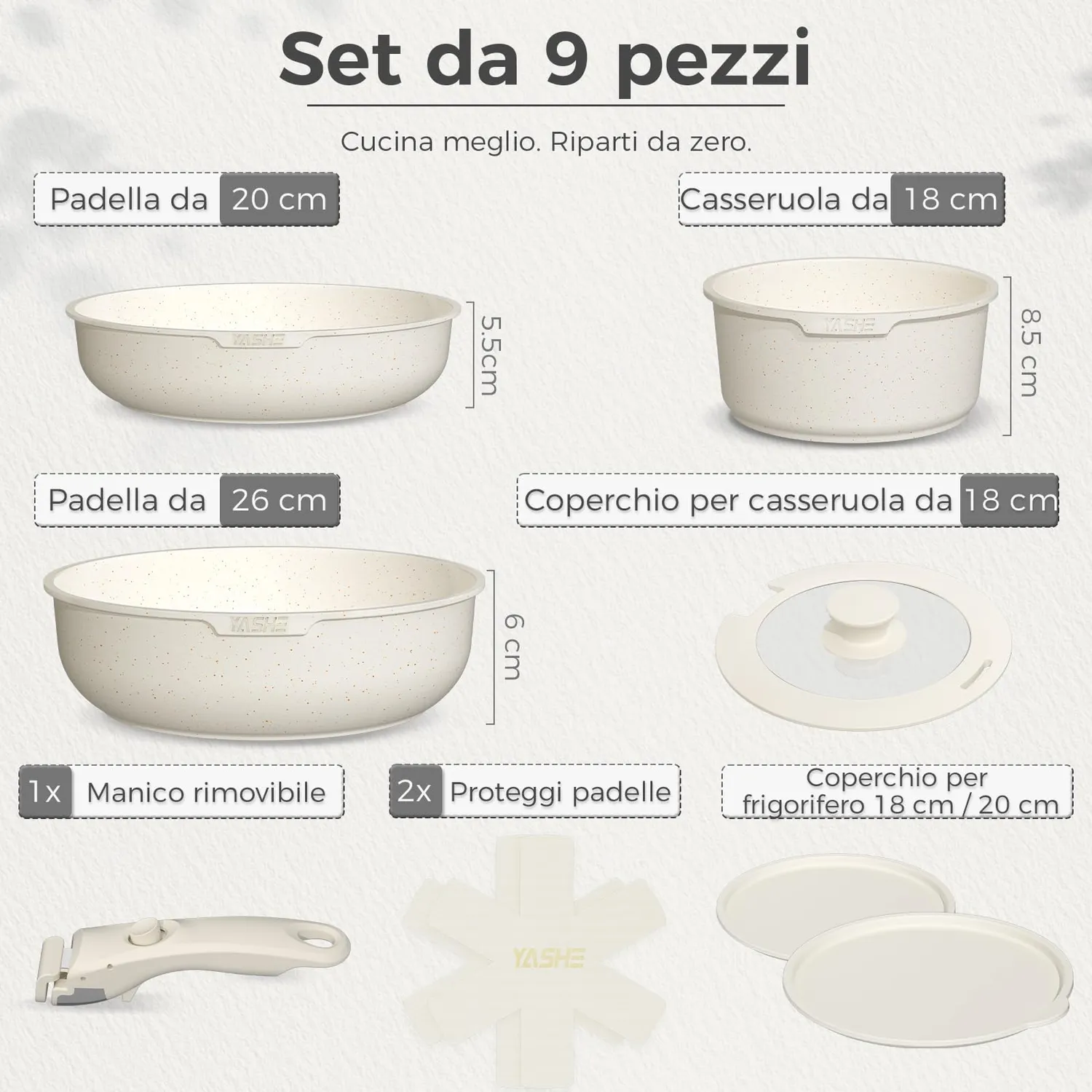 Yashe pentole induzione 9 pezzi senza PTFE bianche