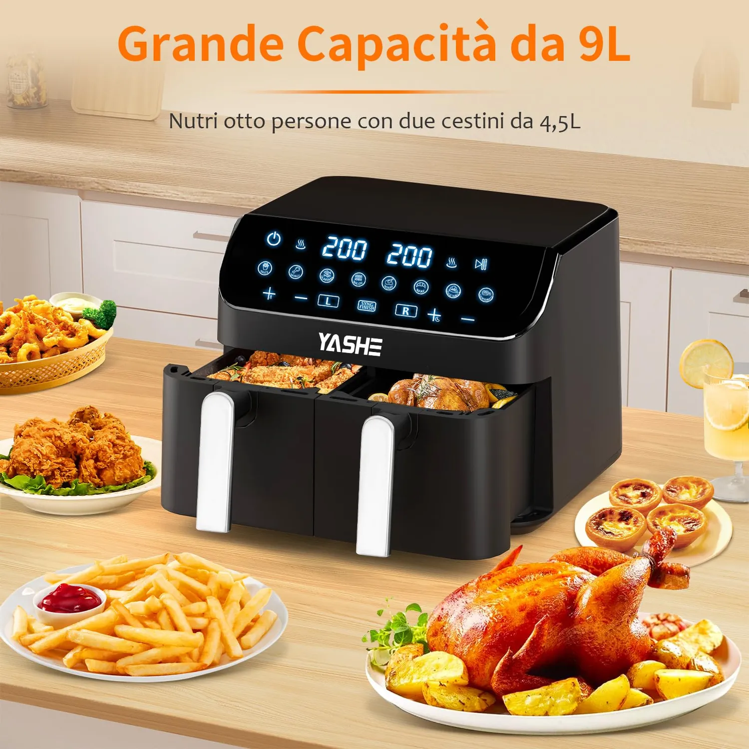 YASHE Friggitrice ad Aria Doppio Cestello 9L 8 programmi