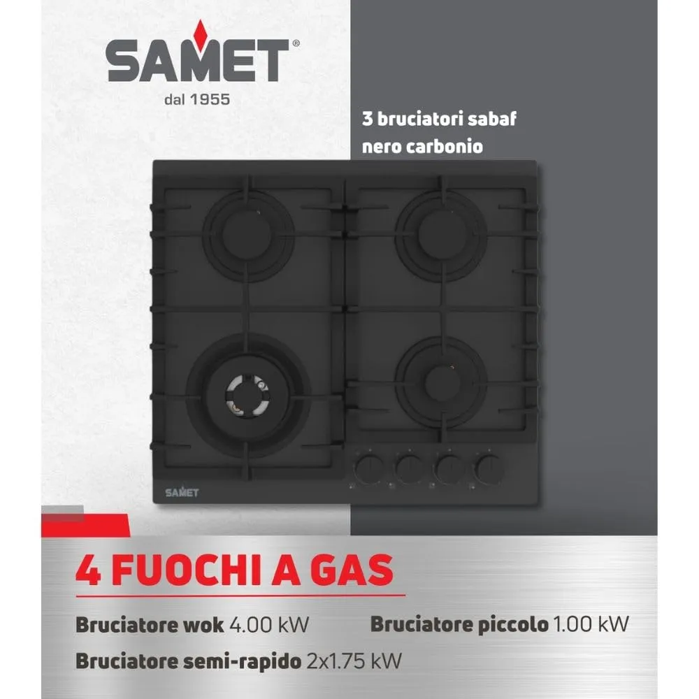 Samet Zacinto60 piano cottura gas 4 fuochi 60 cm vetro nero