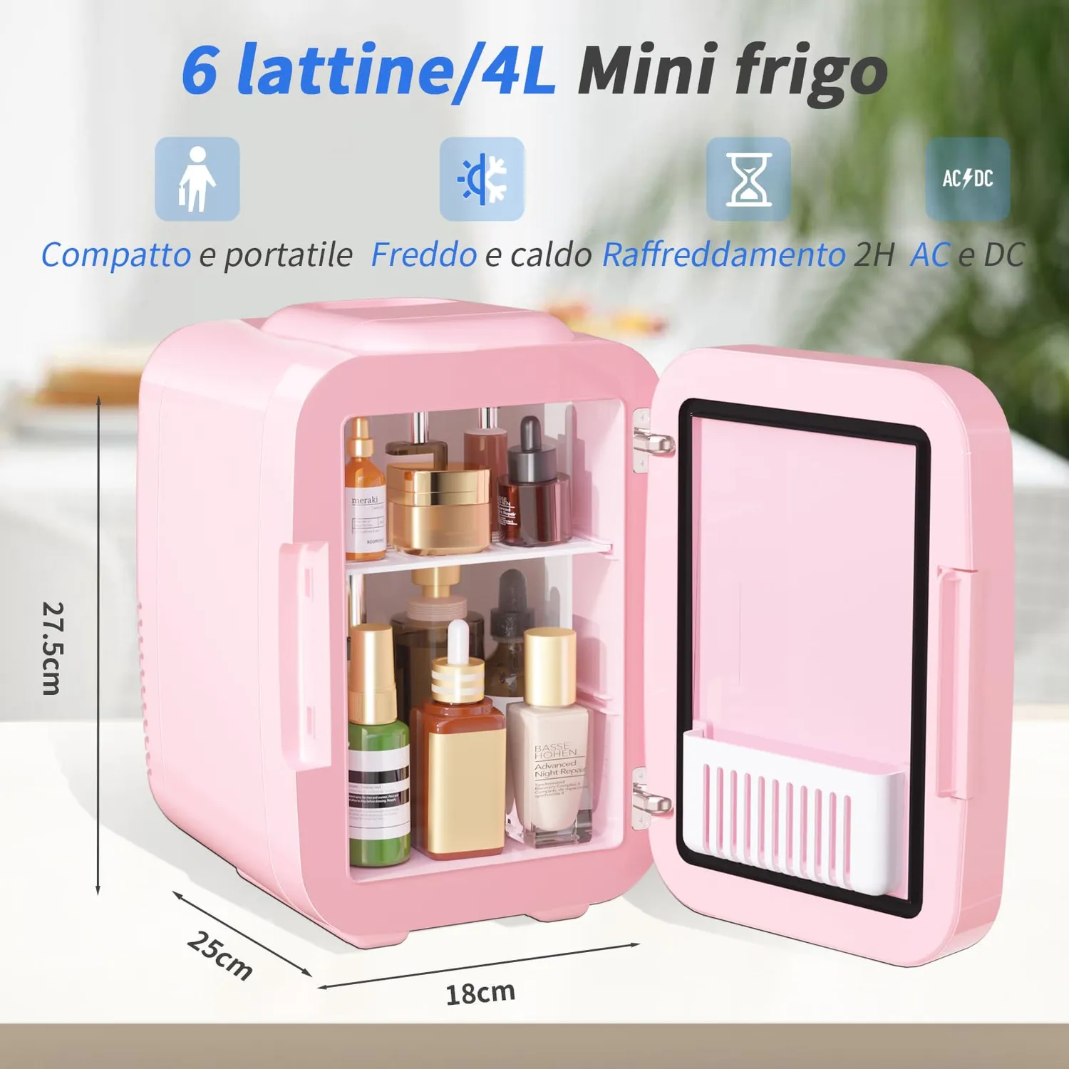 YASHE Mini Frigo 4L Rosa Specchio LED Freddo Caldo