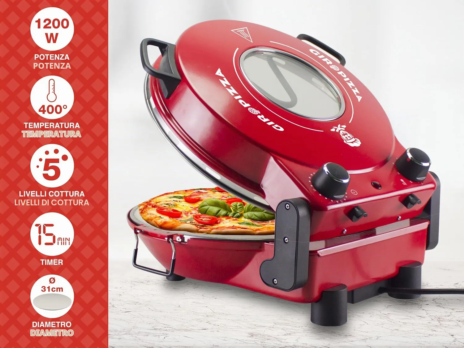 Beper P101CUD301 Forno Pizza 400°C Piastra 31 cm Rosso