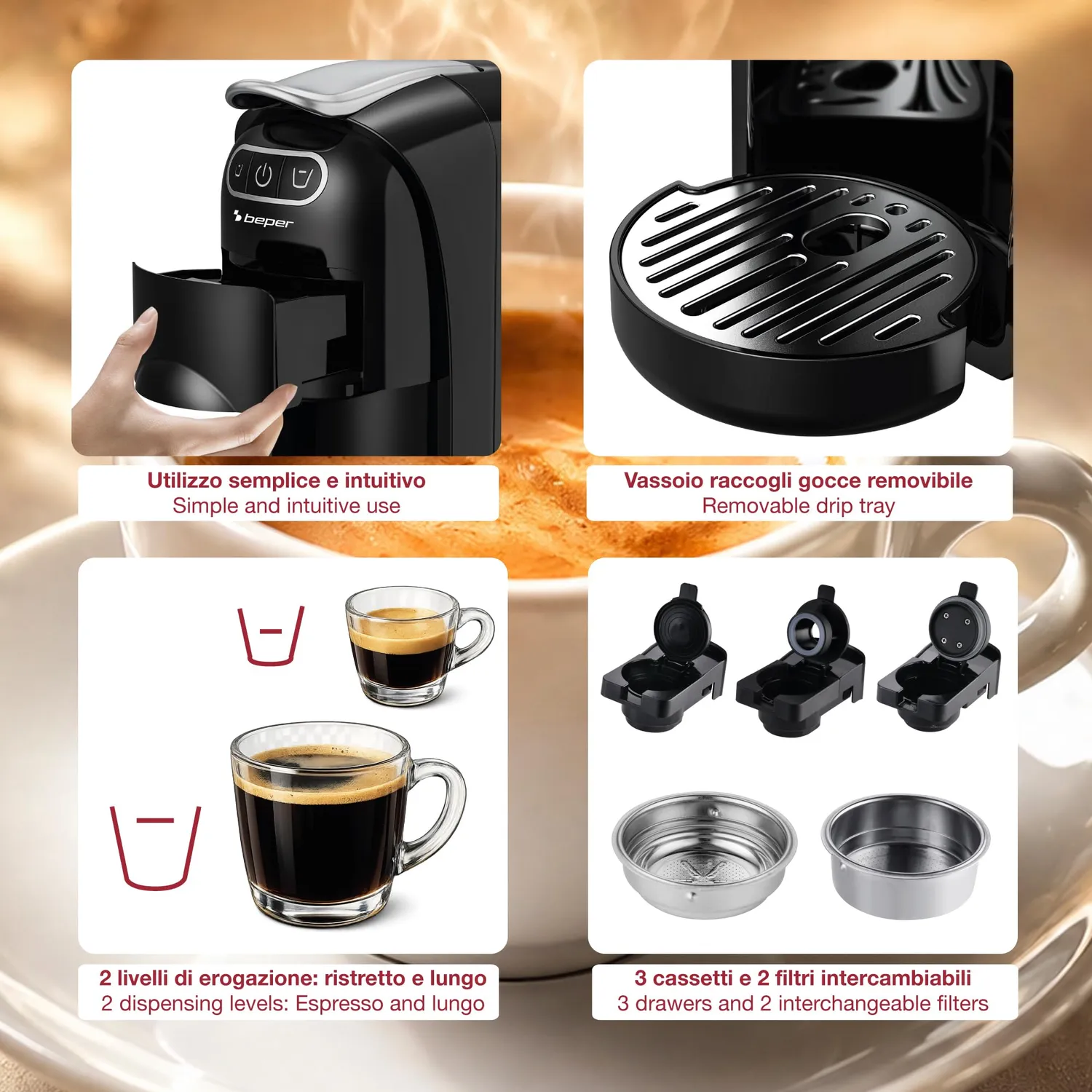 Beper Amata P101CAF200 macchina caffè 4 in 1 20 bar