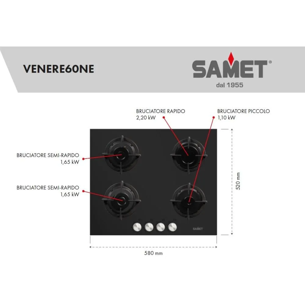 Samet Venere 60 Piano cottura vetro 4 fuochi nero