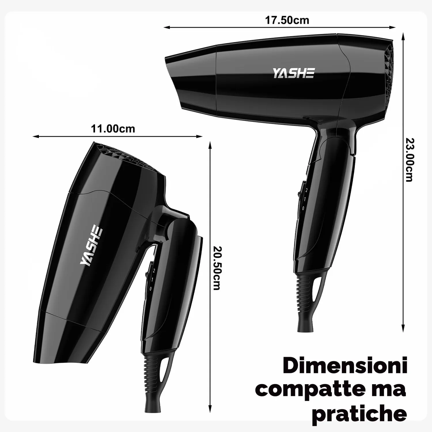 Yashe asciugacapelli mini pieghevole nero 1200W