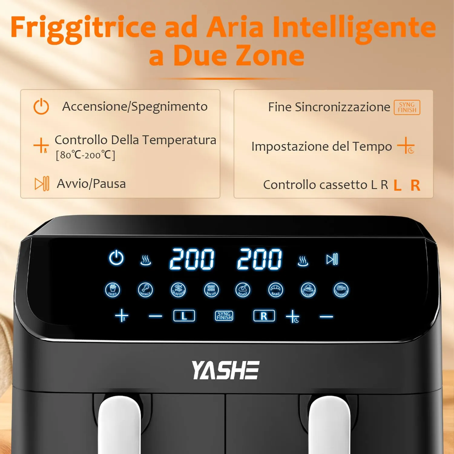 YASHE Friggitrice ad Aria Doppio Cestello 9L 8 programmi