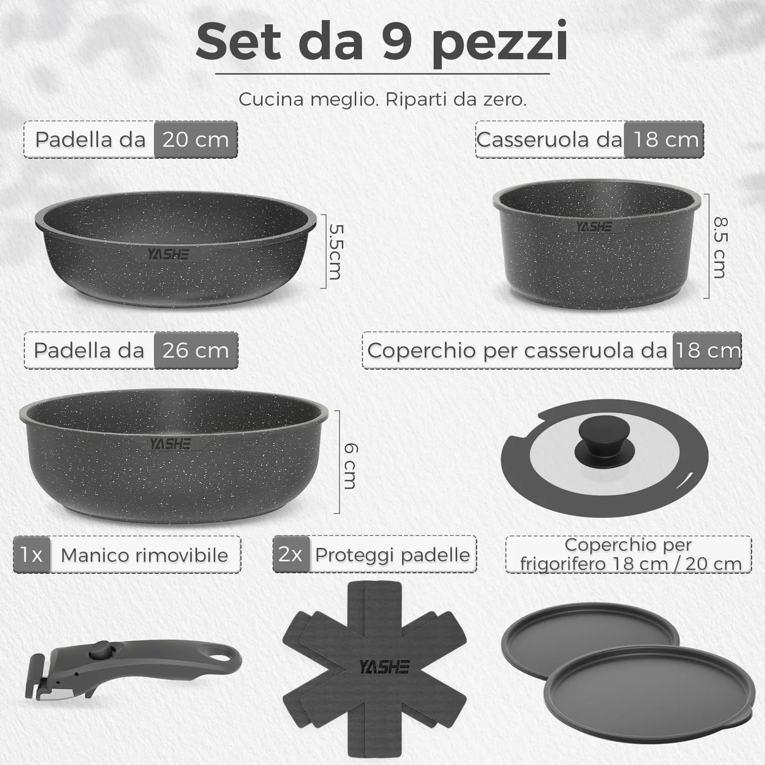 YASHE Set Pentole Induzione 9 Pezzi Senza PTFE Impilabile