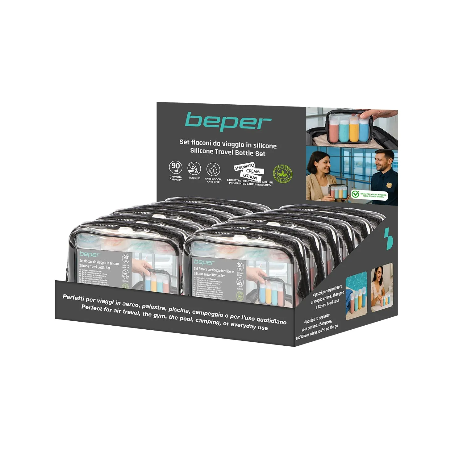 Beper C302AAC010 set 4 flaconi viaggio silicone 90 ml