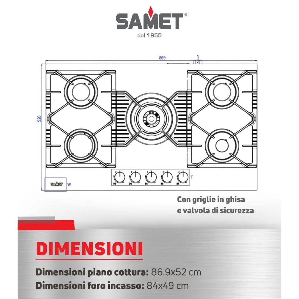 Samet Zacinto90 piano cottura gas 5 fuochi 90 cm vetro nero