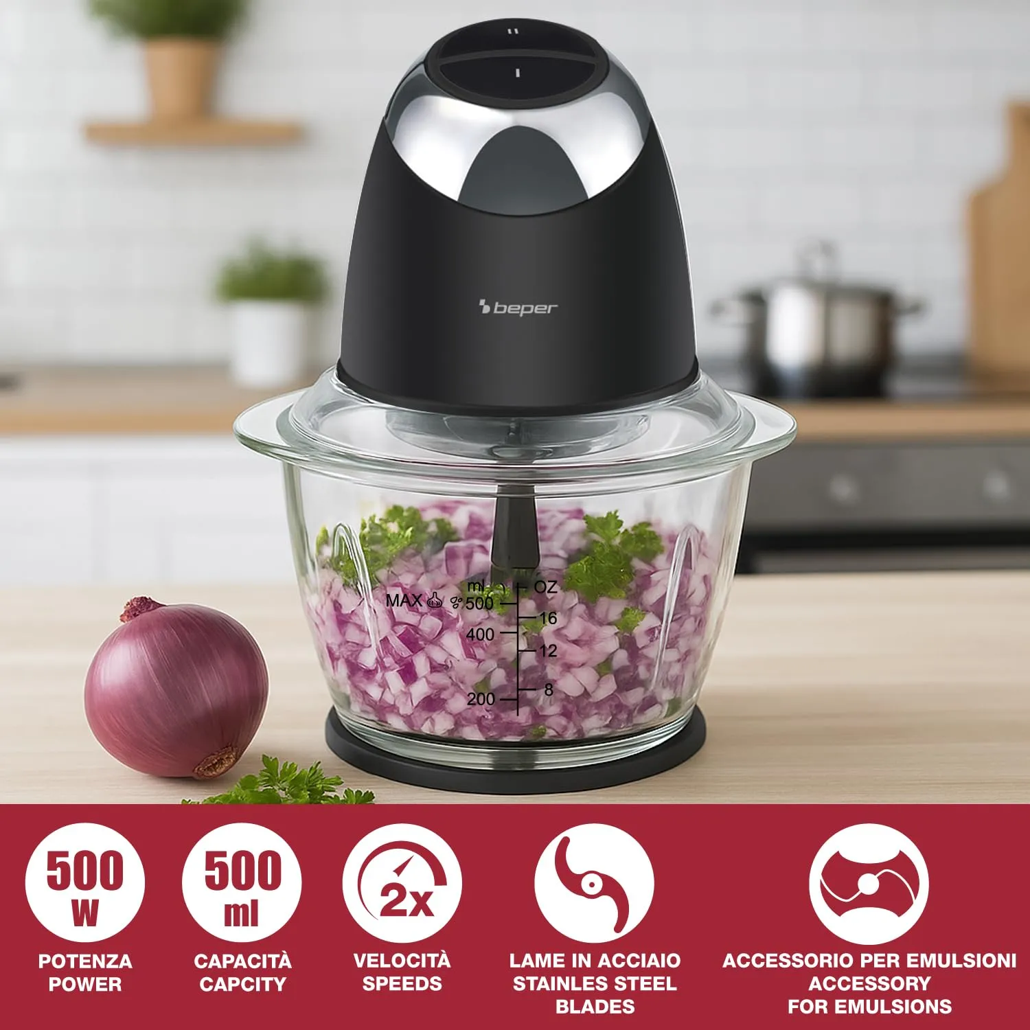 Beper Chop&Whip P102ROB003 Tritatutto Vetro 500 ml 2 Velocità