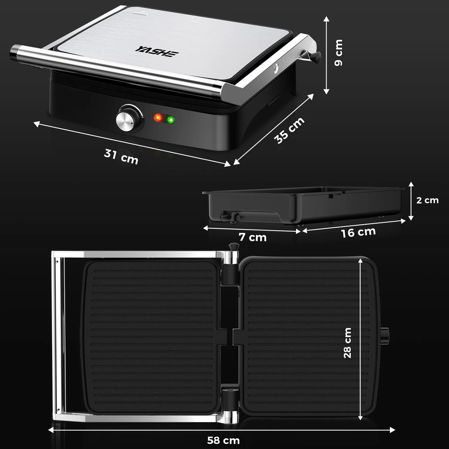 YASHE piastra panini 2000W 4 fette apribile 180°