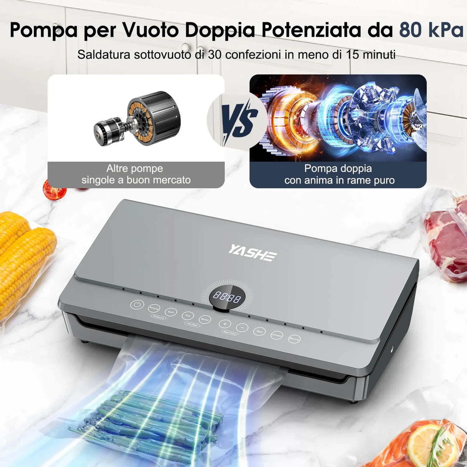 YASHE Macchina Sottovuoto 80KPa con Rotolo 20x300 Doppia Pompa