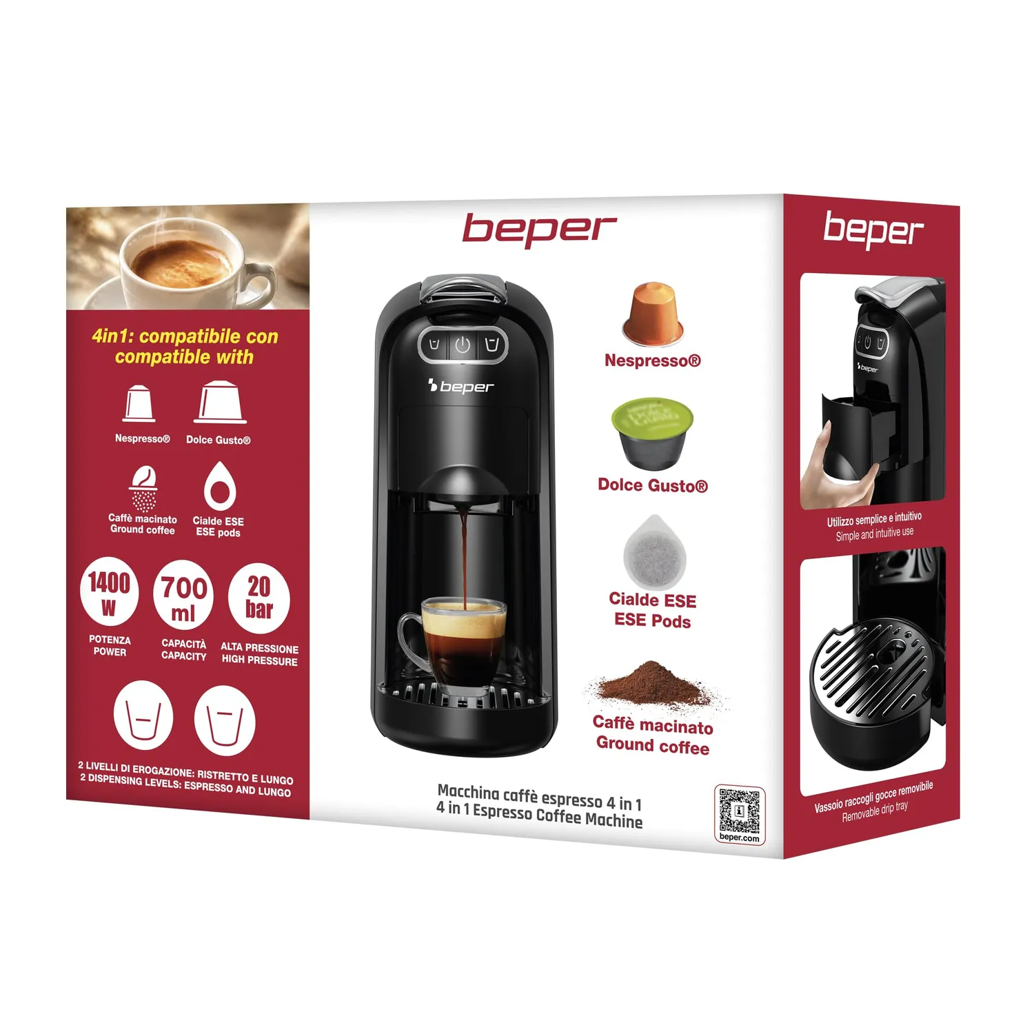 Beper Amata P101CAF200 macchina caffè 4 in 1 20 bar