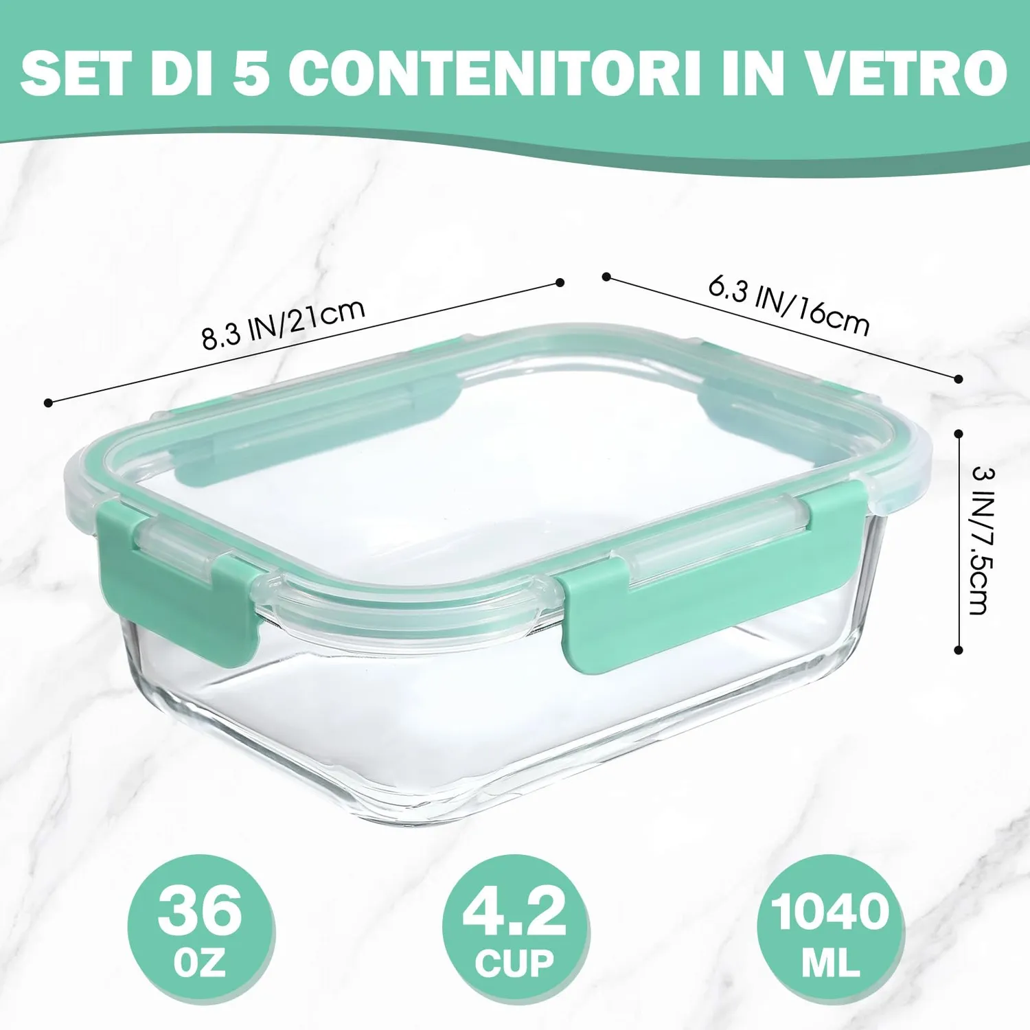 YASHE Set 5 Contenitori Vetro 1040ml Verde Ermetici