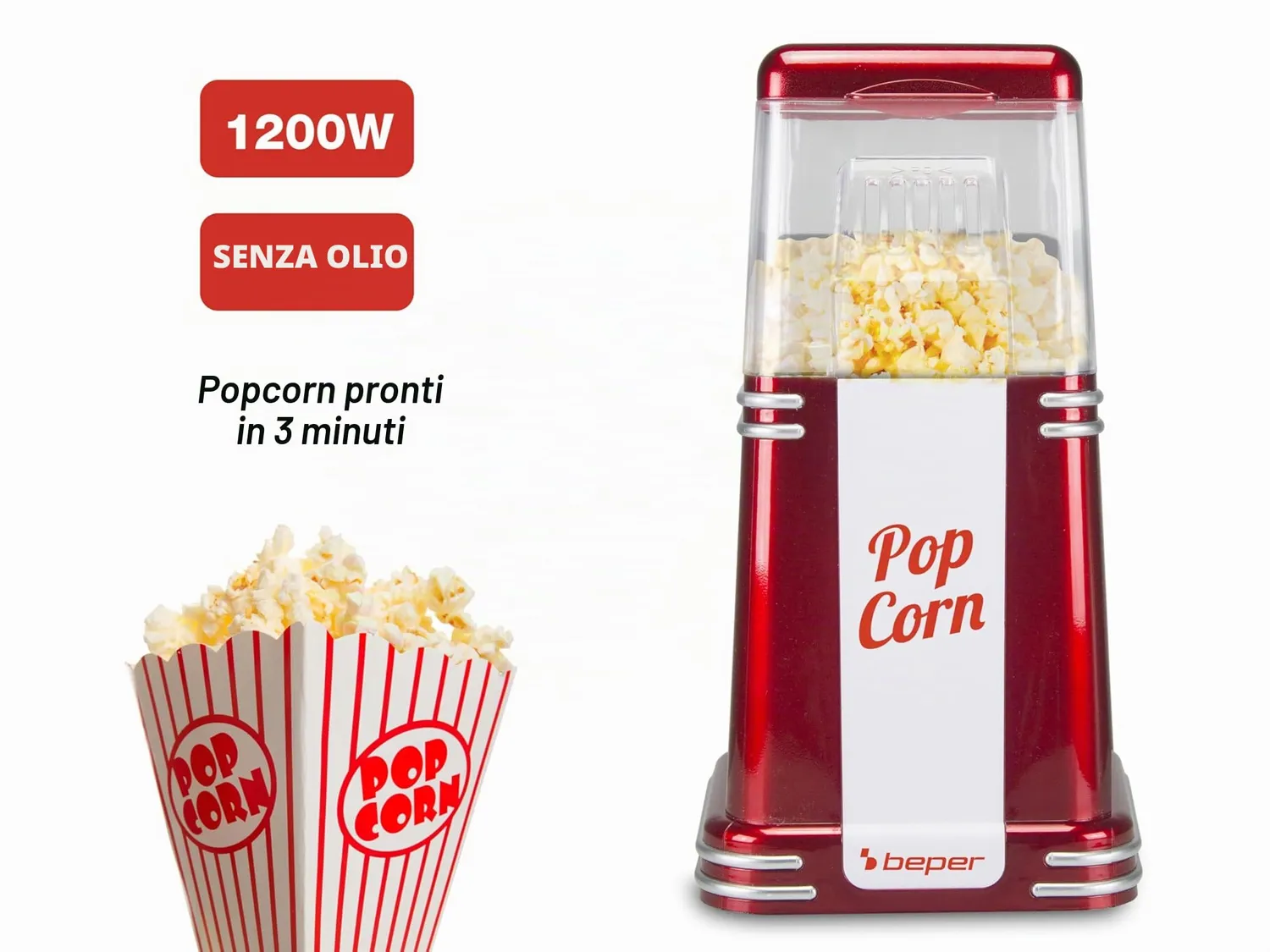 Beper 90.590Y macchina popcorn 1200W rossa aria calda