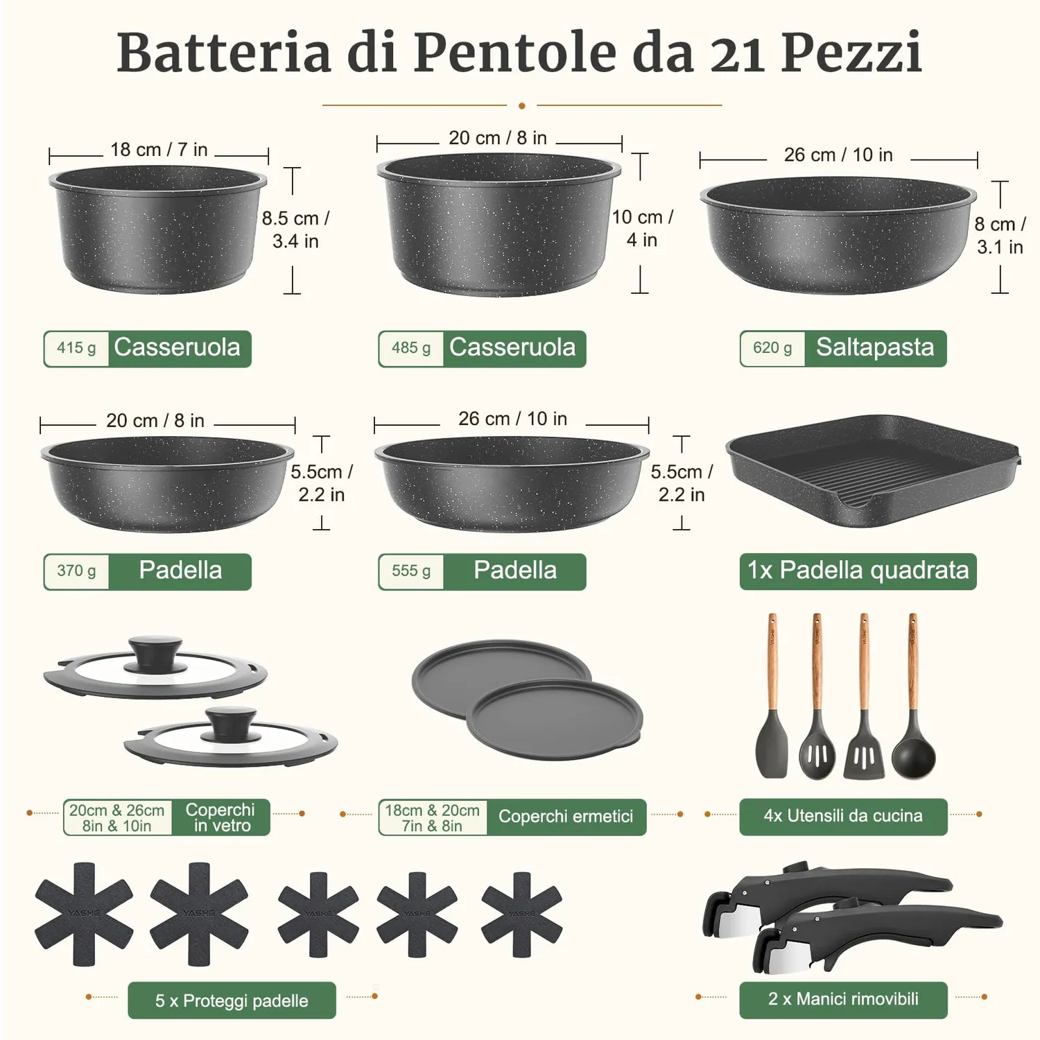 Yashe Batteria Pentole Induzione 21 Pezzi Grigia Antiaderente