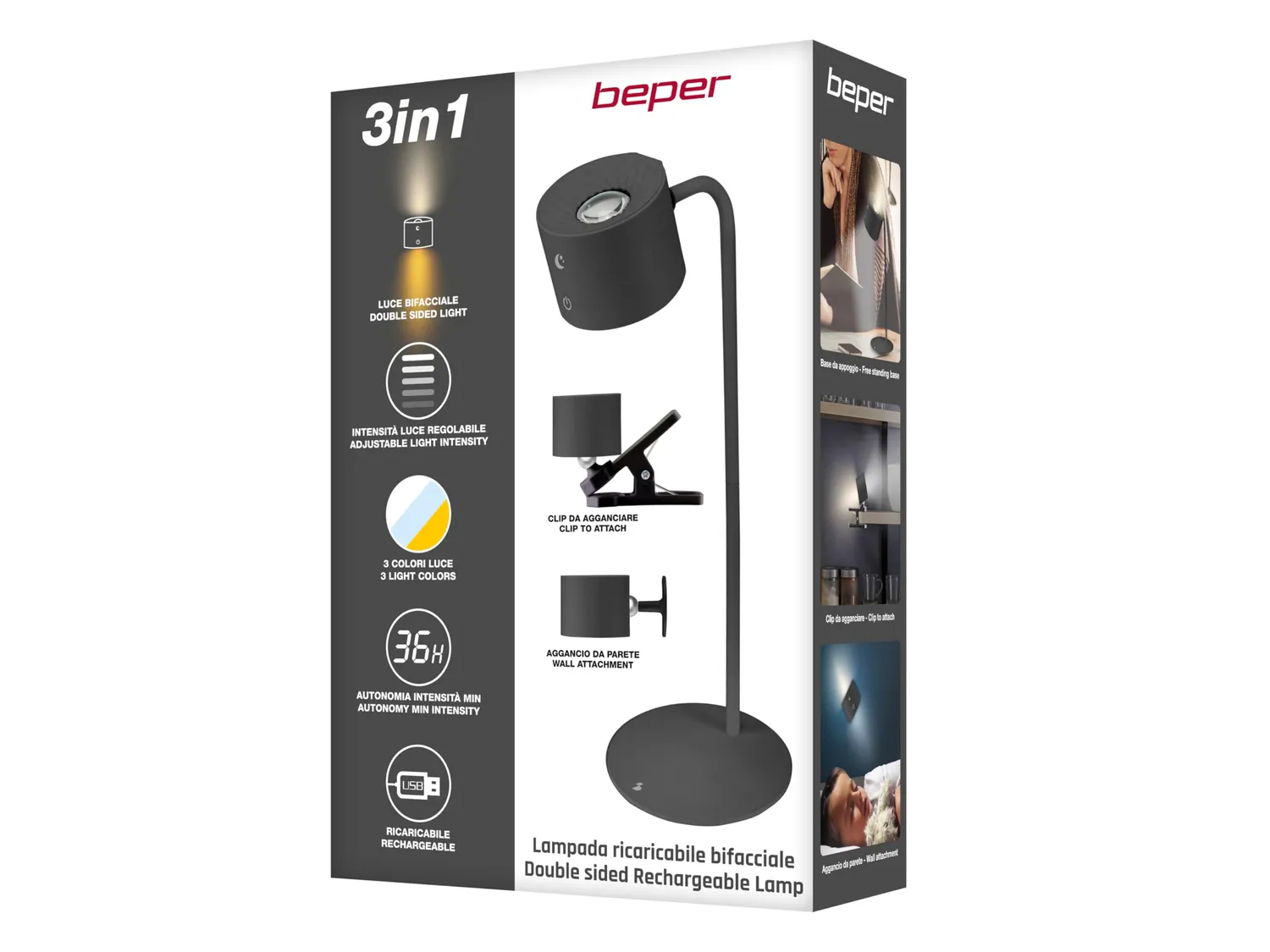 Beper Luminì lampada ricaricabile LED touch 39,5 cm 3 luci
