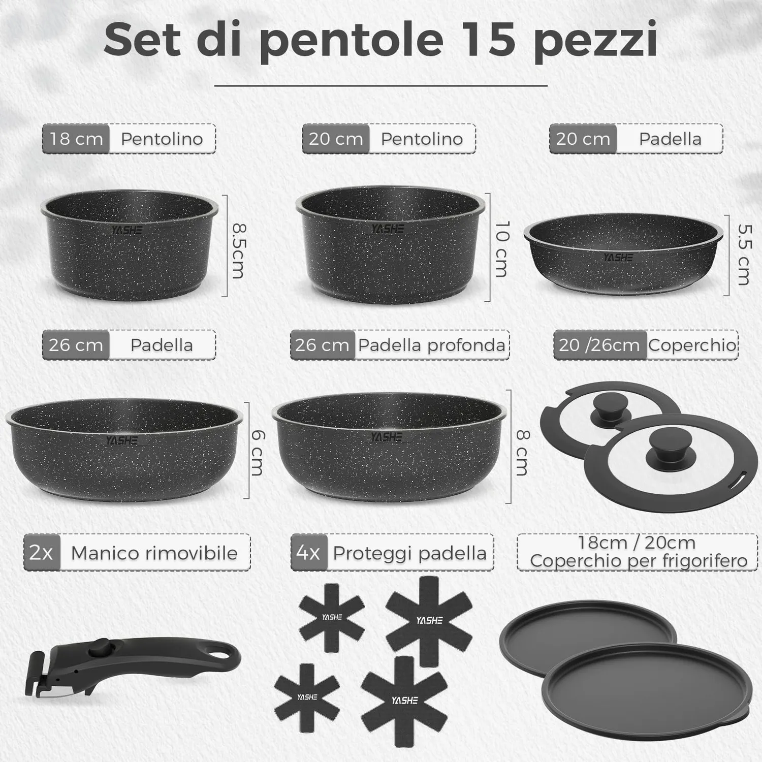 YASHE Batteria Pentole Induzione 15 Pezzi senza PTFE Forno