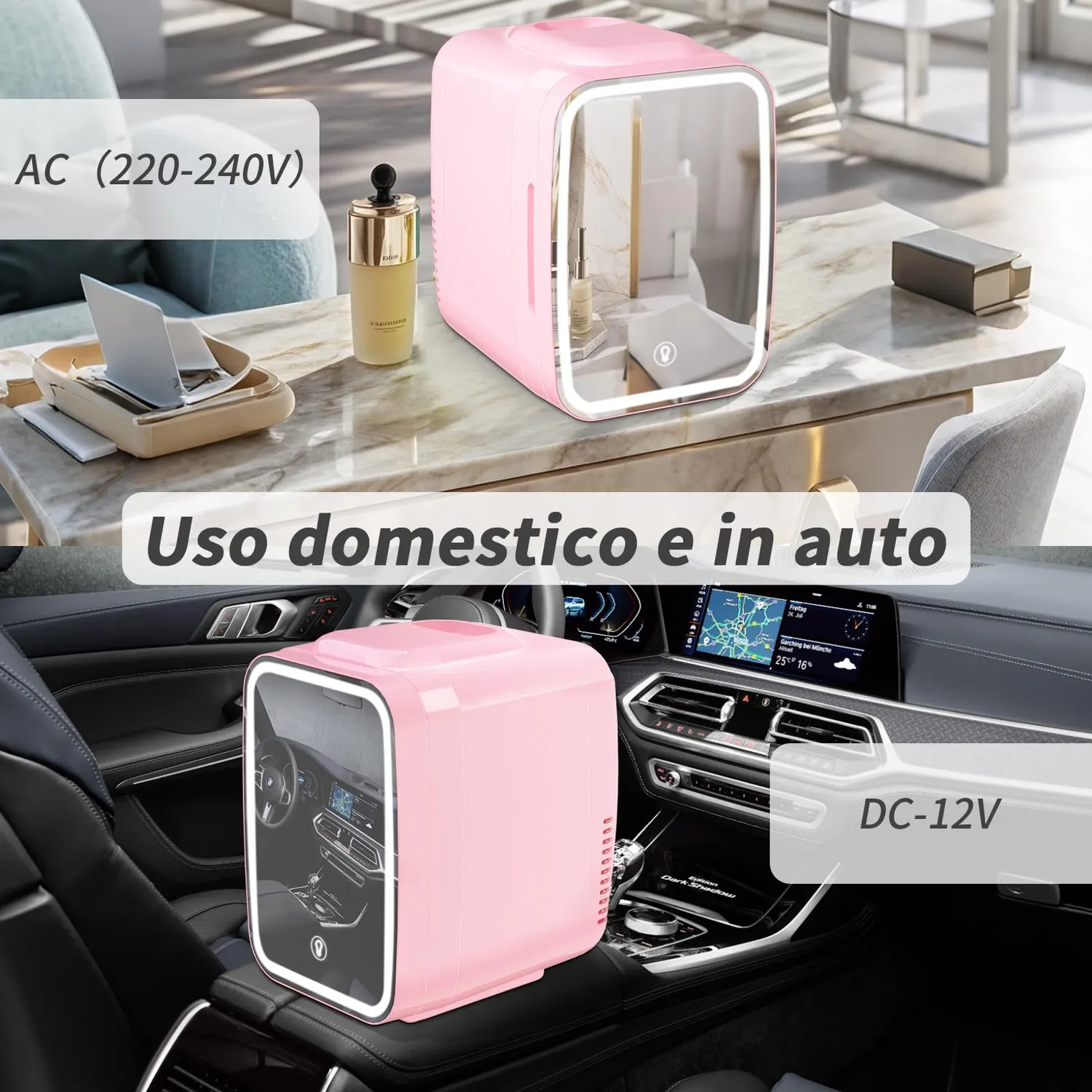 YASHE Mini Frigo 4L Rosa Specchio LED Freddo Caldo