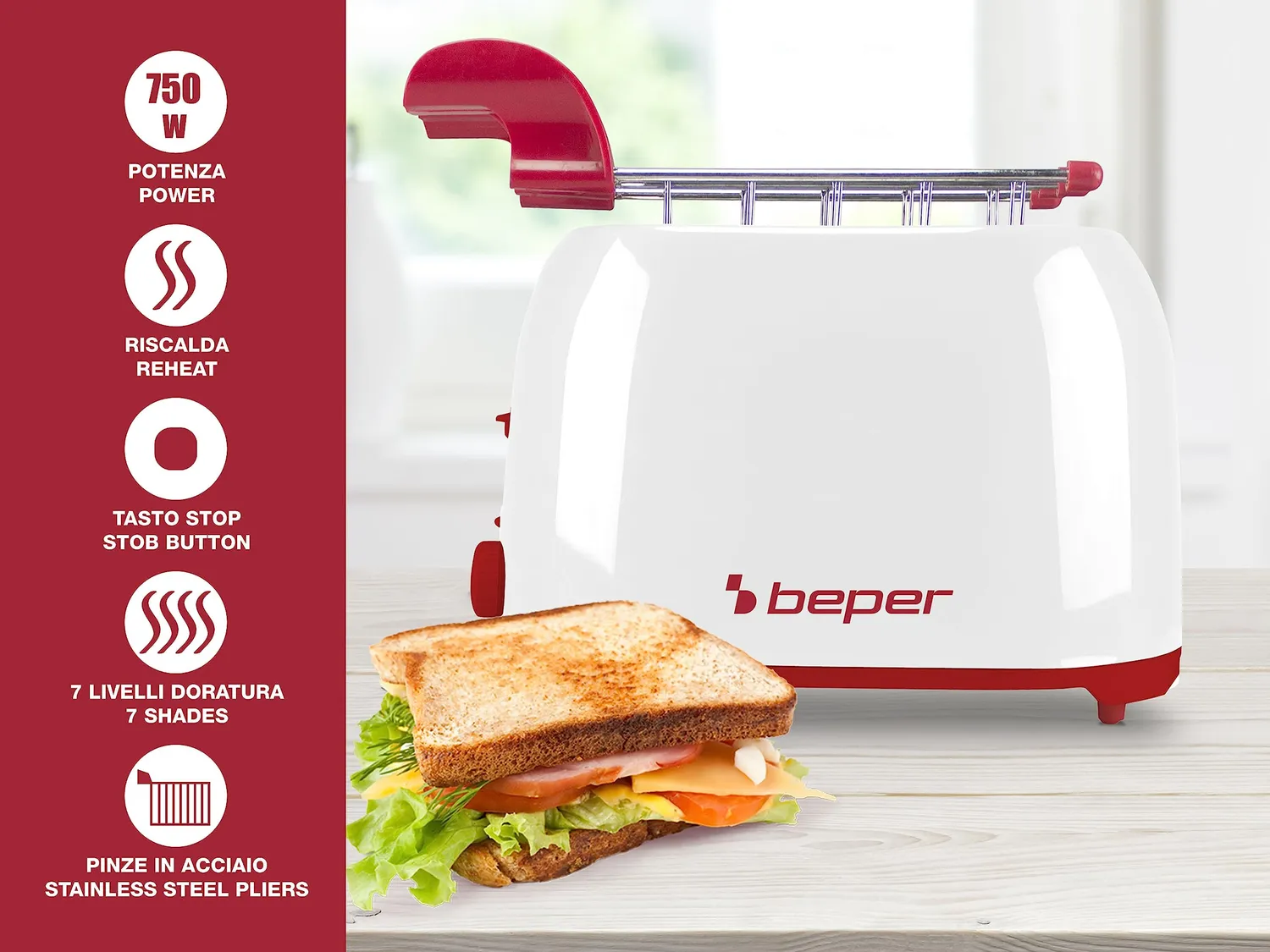 Beper P101TOS100 Tostapane Inox 2 Fessure 7 Livelli