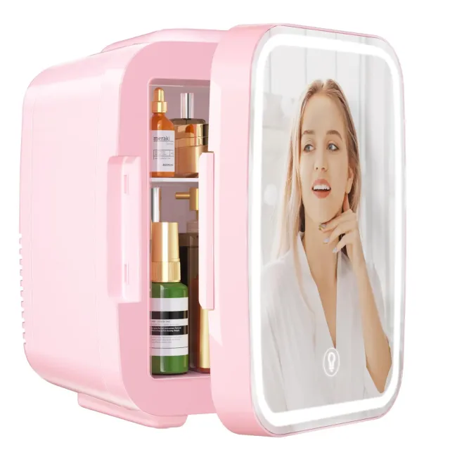 YASHE Mini Frigo 4L Rosa Specchio LED Freddo Caldo