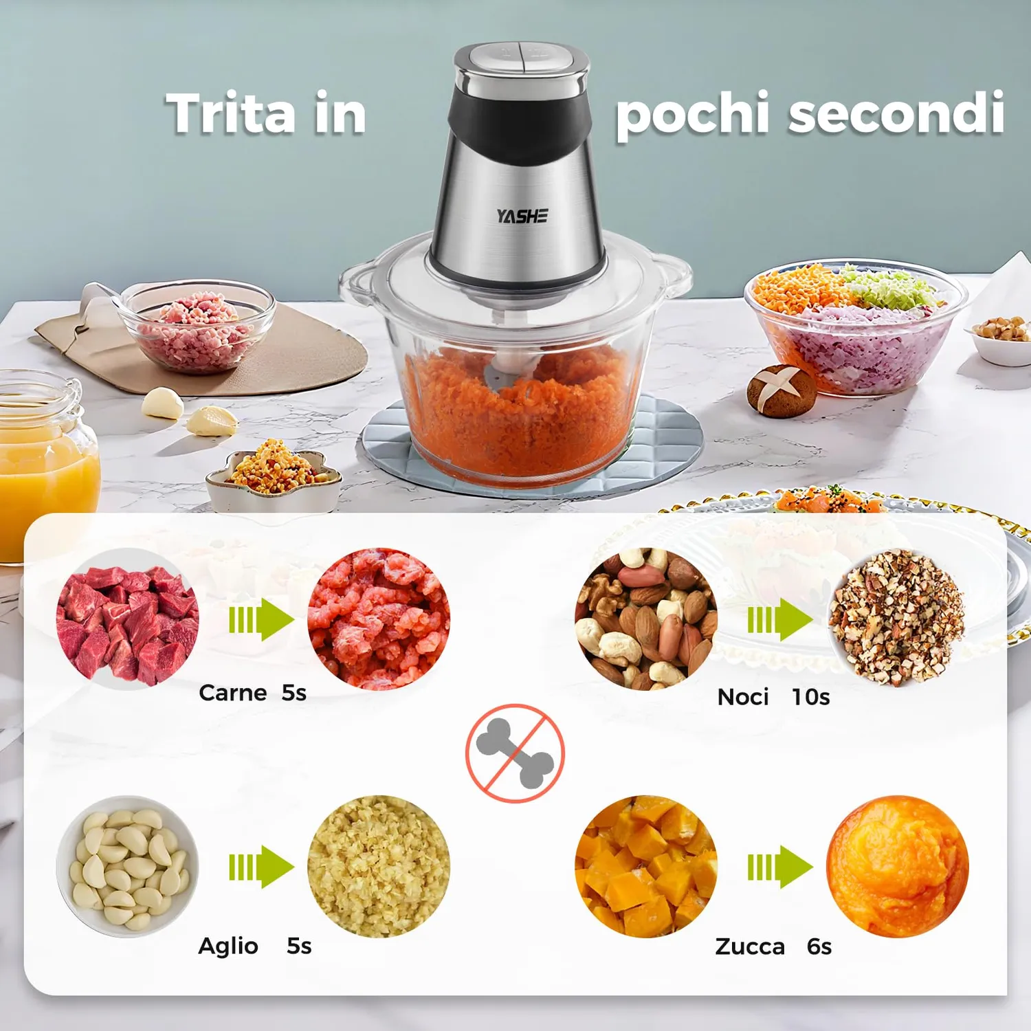 Yashe tritatutto elettrico 500W 2 ciotole 2L+2L vetro argento