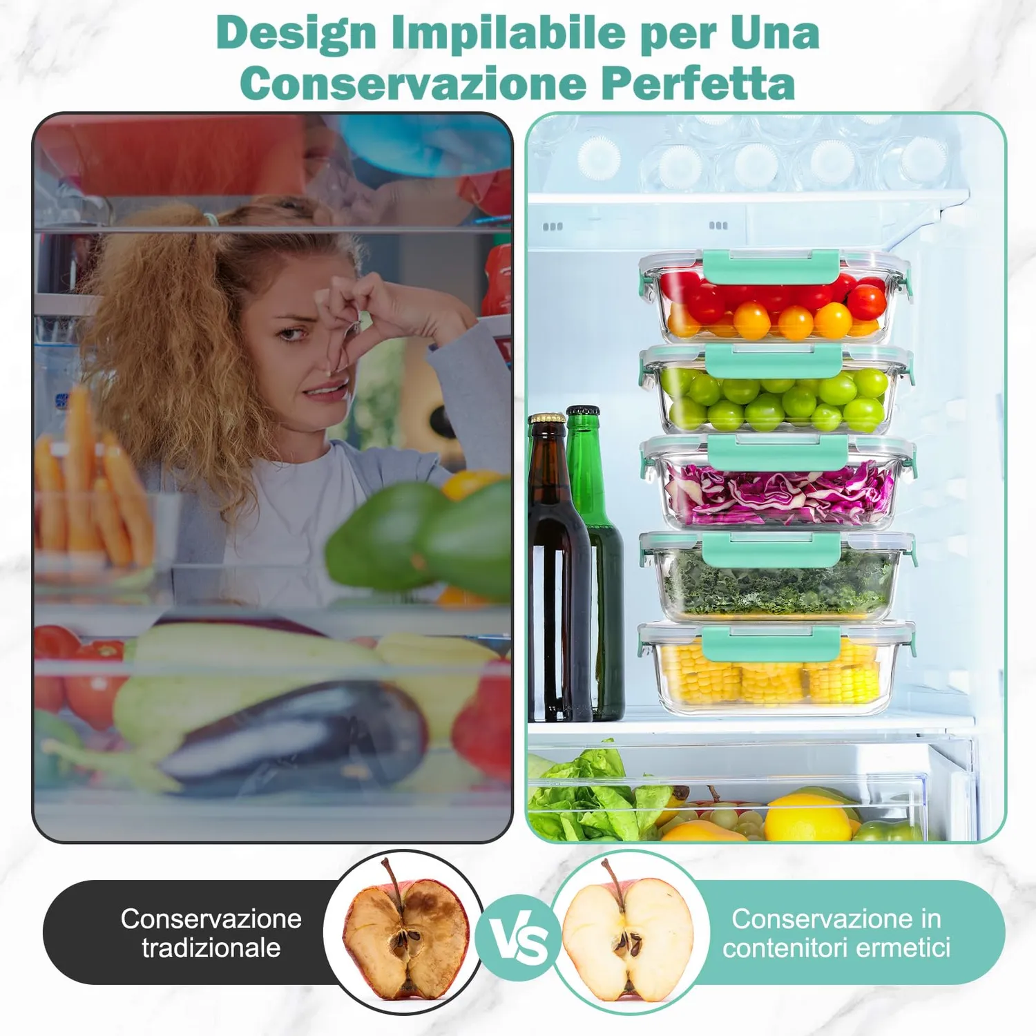 YASHE Set 10 Contenitori Vetro Alimenti 1040+370 ml Verde Ermetici