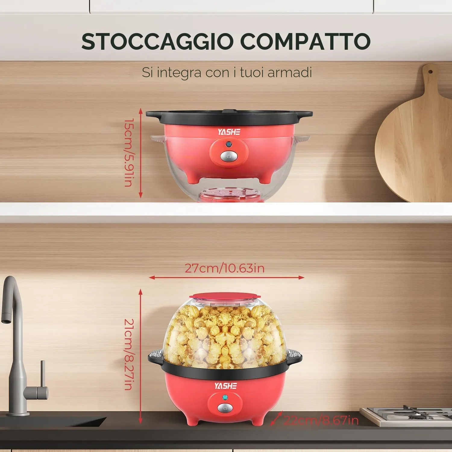 YASHE Macchina Popcorn Elettrica 650W Ciotola 3L Antiaderente