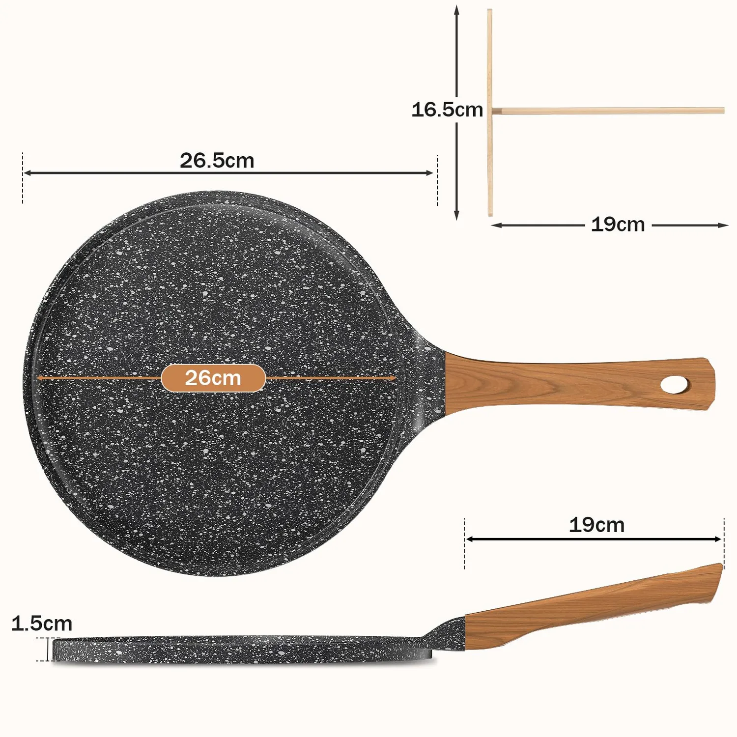 YASHE Padella Crepes 26 cm Nera Senza PTFE Induzione