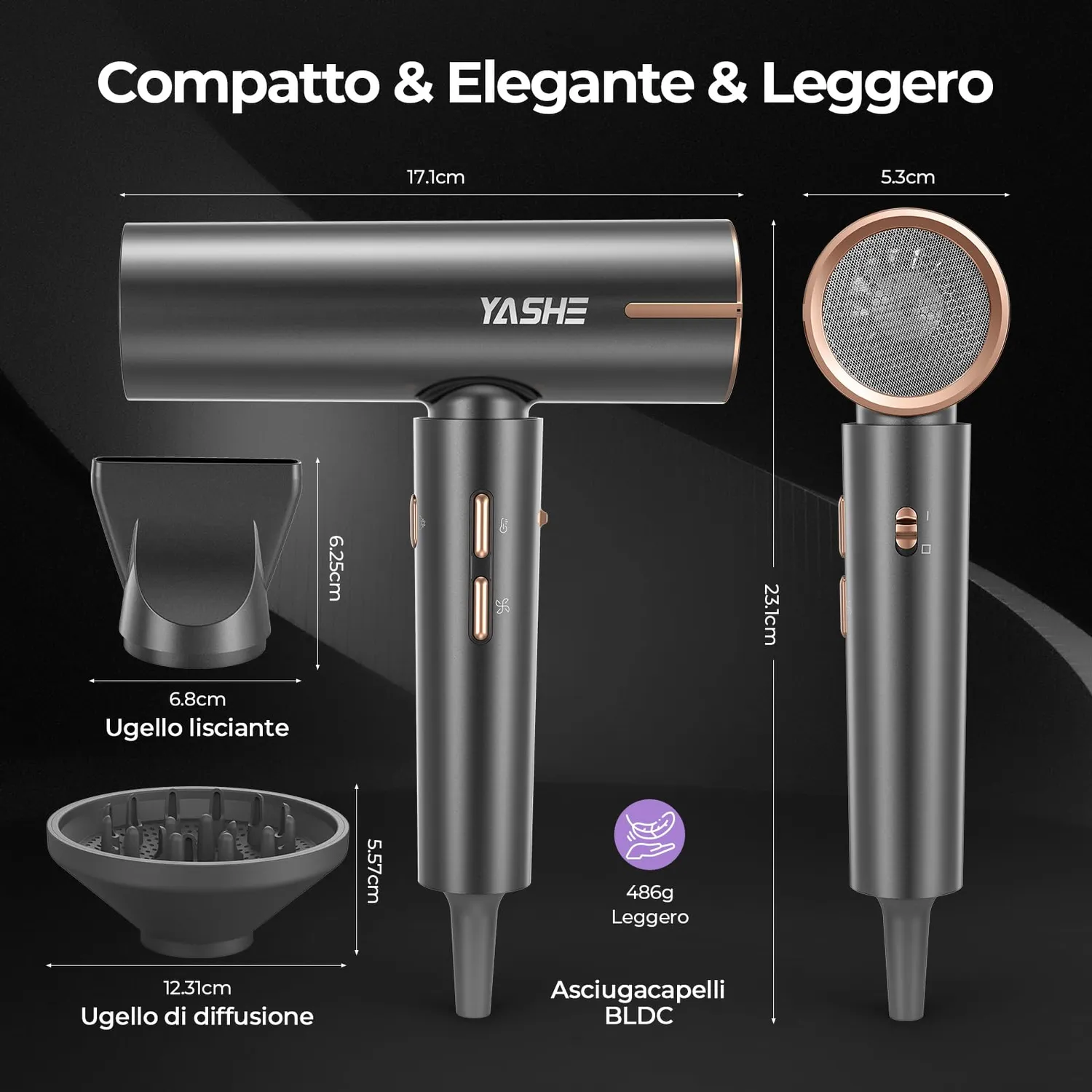 Yashe Asciugacapelli Ionico 1800W con Diffusore