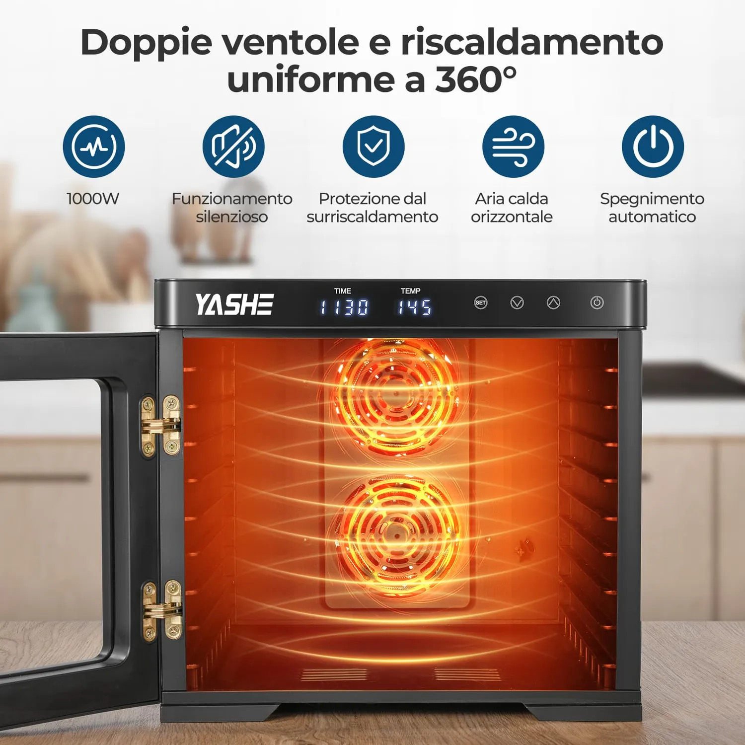 YASHE essiccatore alimentare 9 vassoi inox 1000W