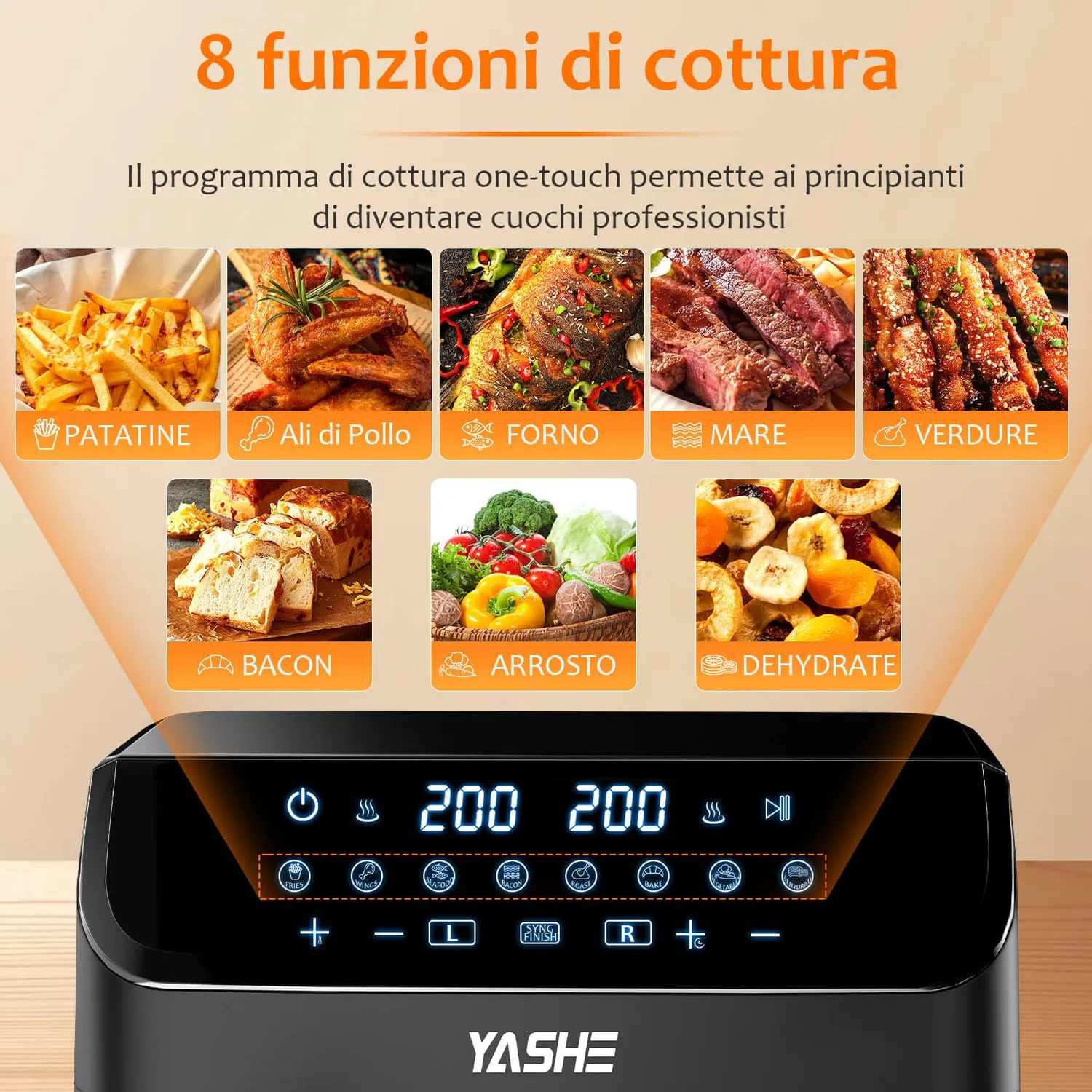 YASHE Friggitrice ad Aria Doppio Cestello 9L 8 programmi