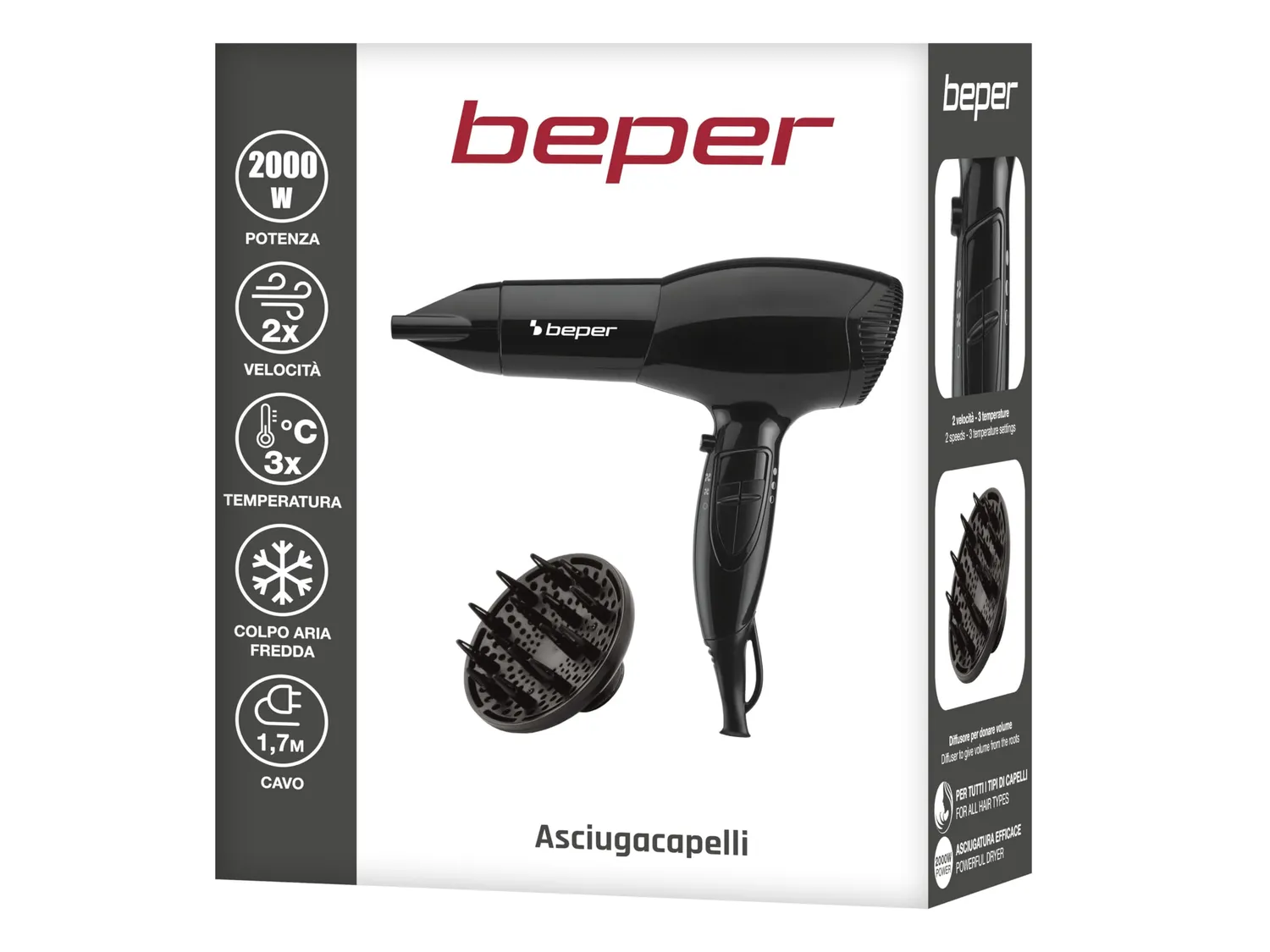 Beper 40.979 asciugacapelli 2000W nero con diffusore